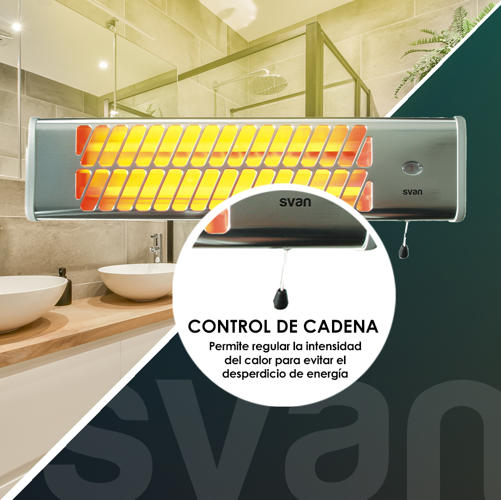 Un calentador plateado montado en la pared con barras naranjas brillantes, en un baño.
