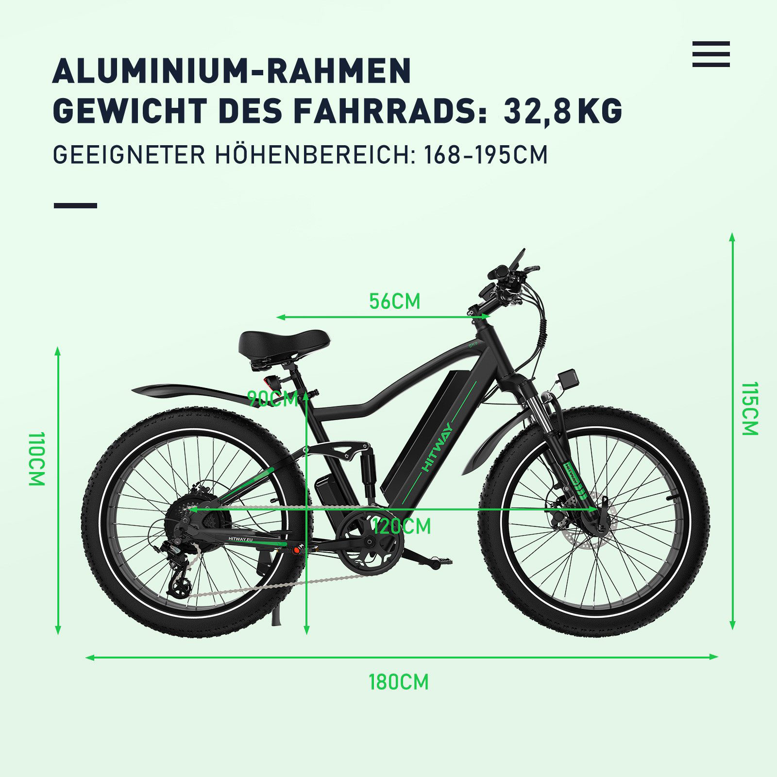 Ein schwarz-grünes E-Bike mit breiten Reifen und Abmessungen. Text enthält 'Aluminiumrahmen'.