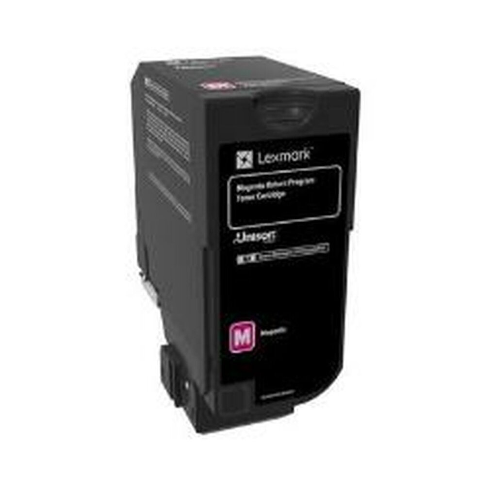 Een zwarte Lexmark tonercartridge met magenta details. Het is een rechthoekig, solide object.