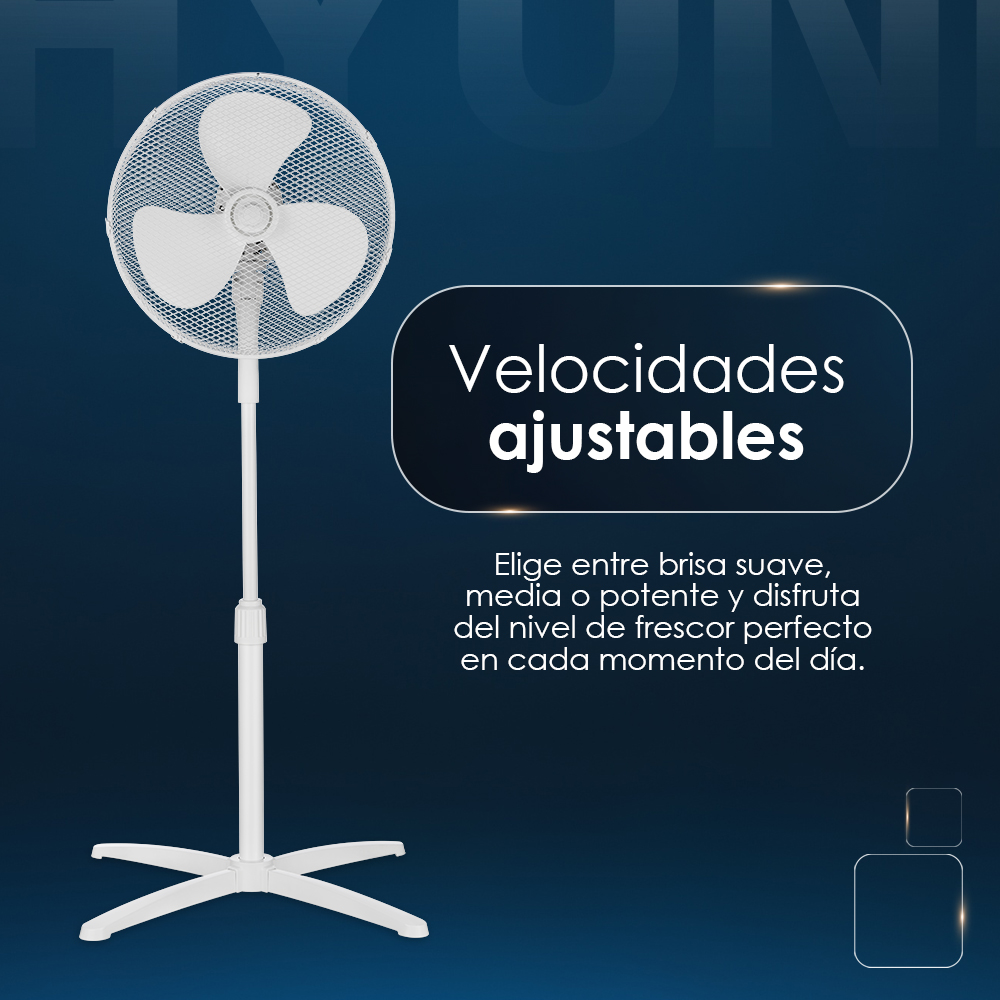 Ventilador de pie blanco sobre fondo azul. Texto en español. Foto del producto.