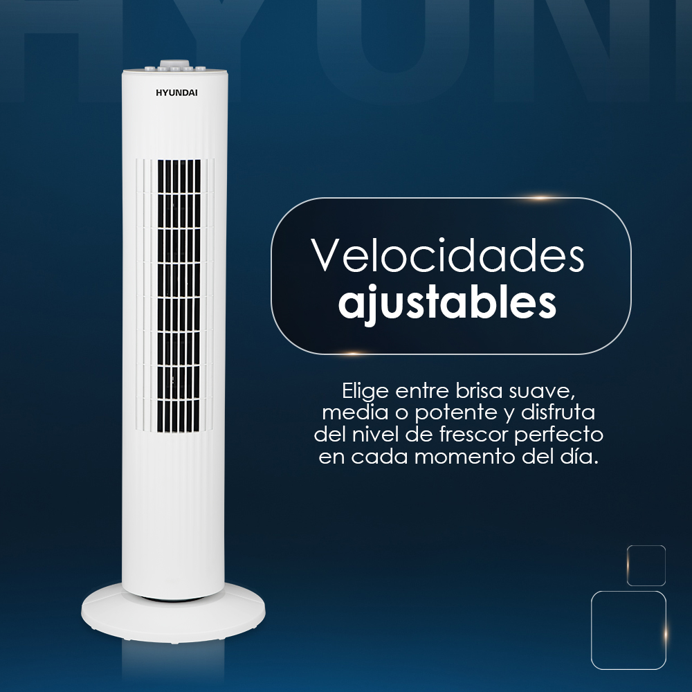 Ventilador de torre blanco con velocidades ajustables. Texto en español. Fondo azul.