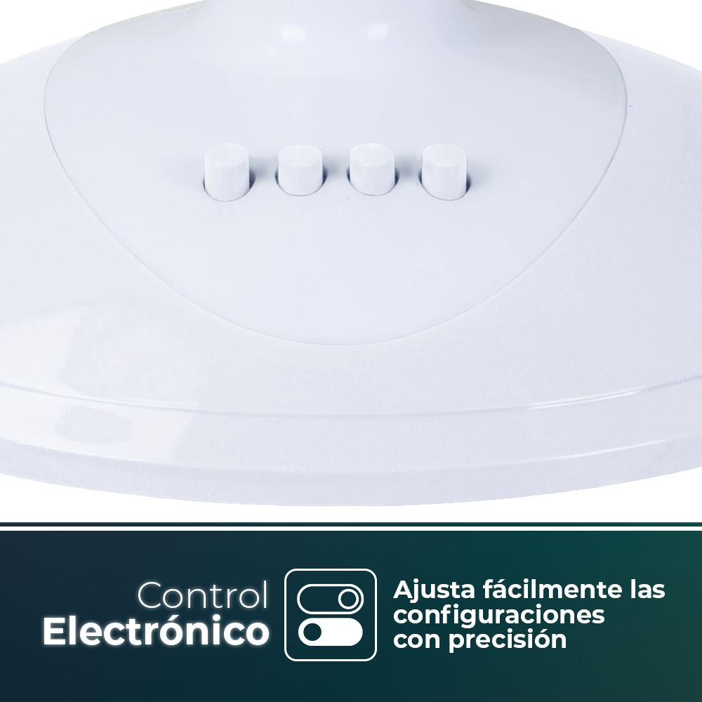 Primer plano de la base del ventilador blanco con controles. Texto en español. Fondo verde y negro.