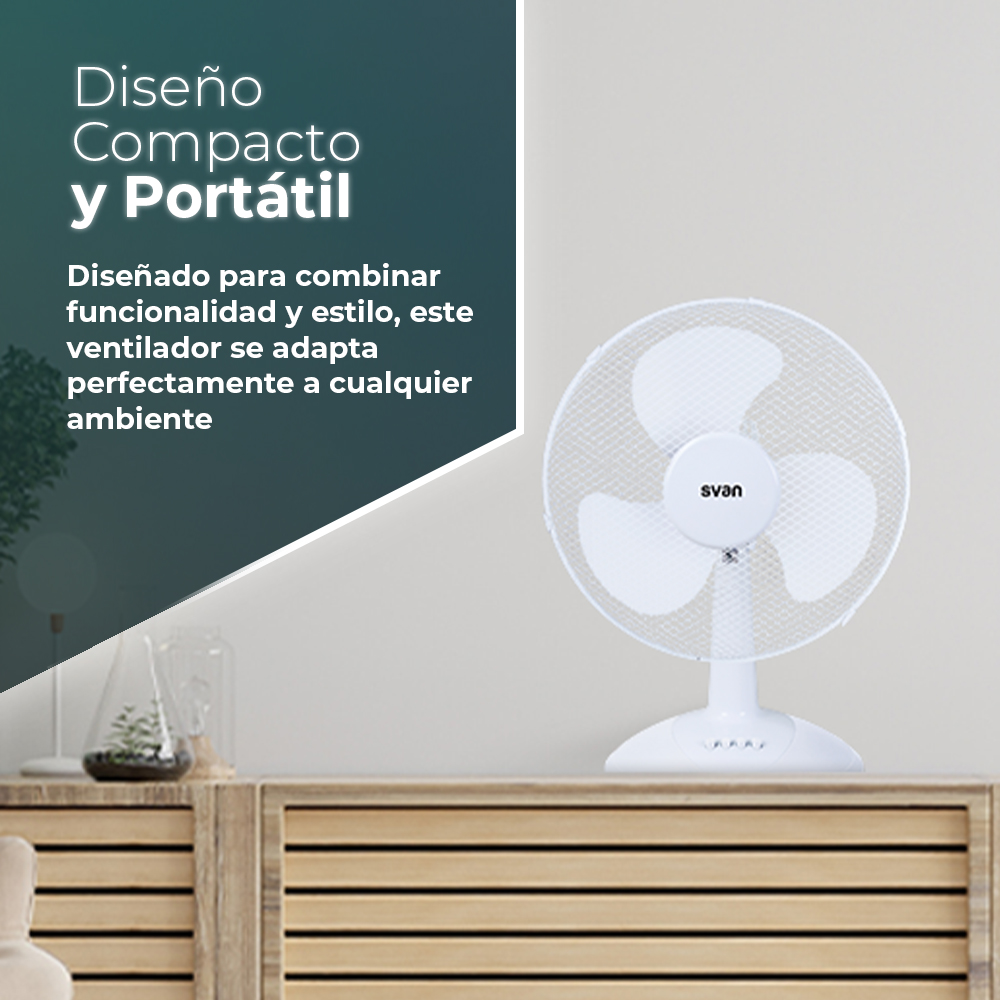 Ventilador blanco sobre mueble de madera, texto: Diseño compacto y portátil.
