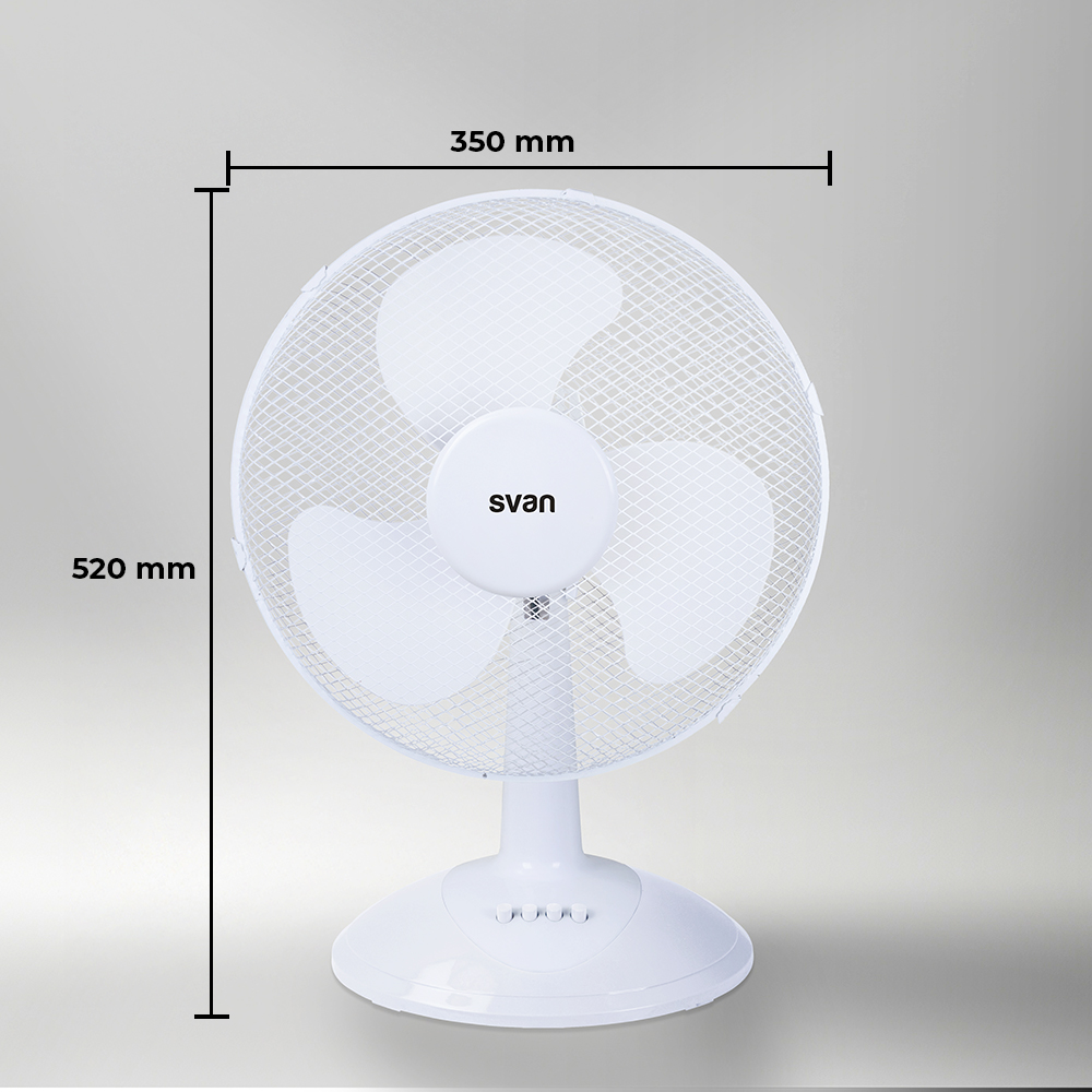 Un ventilador blanco. El ventilador tiene tres aspas y una jaula protectora. Se muestran las dimensiones 520 mm x 350 mm.
