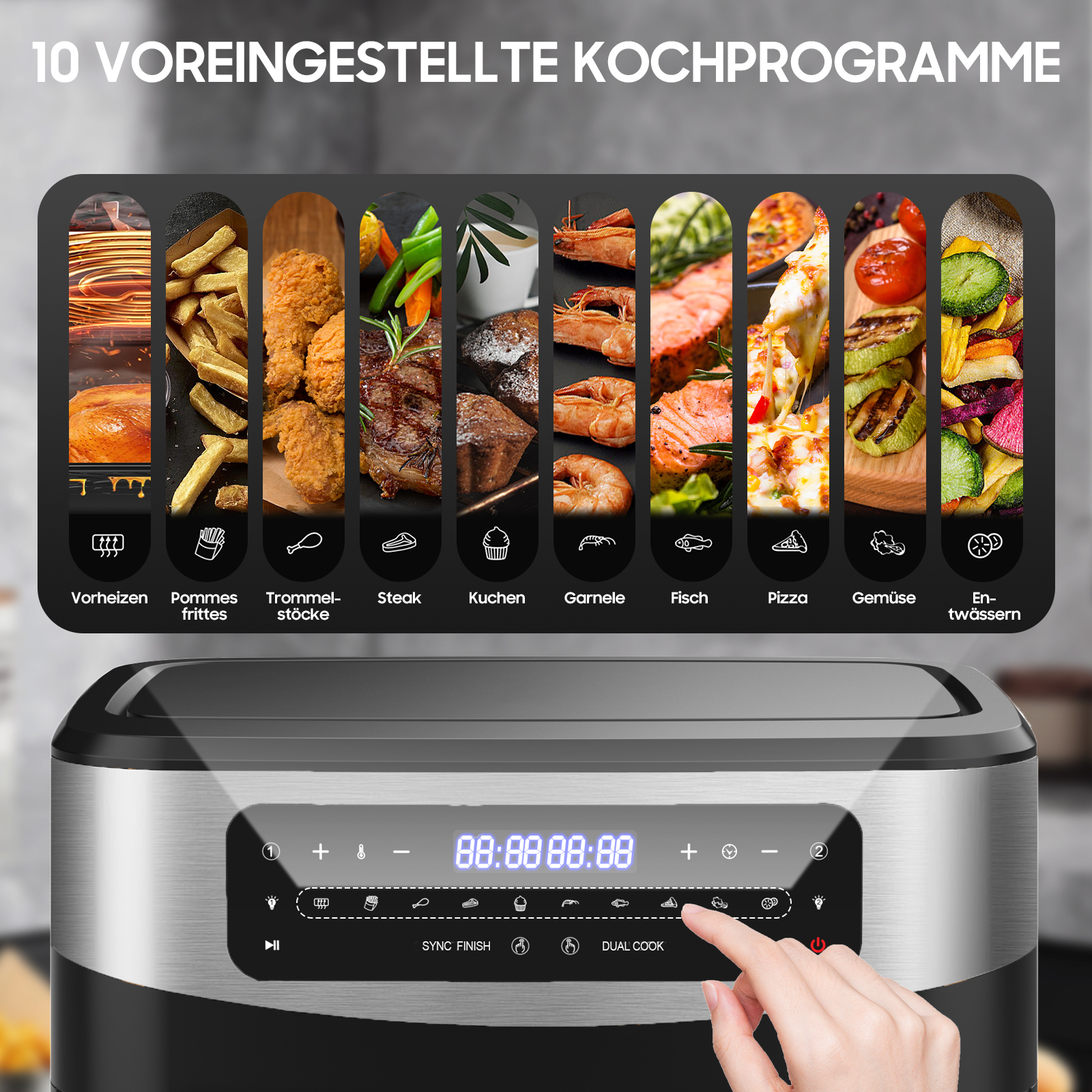 Nahaufnahme einer Heißluftfritteuse mit Digitalanzeige, die 10 voreingestellte Kochprogramme zeigt. Ein Finger zeigt.