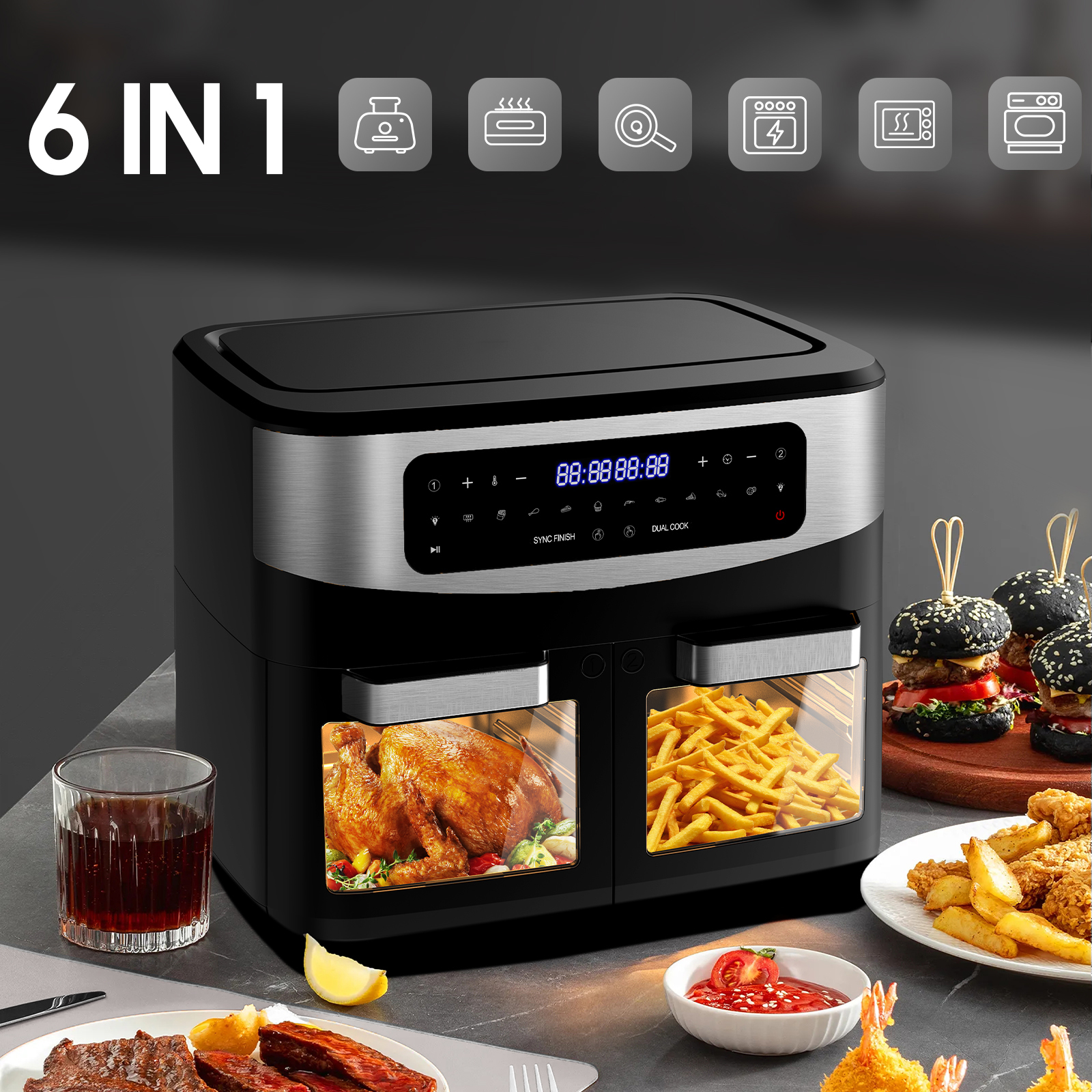 Eine Heißluftfritteuse mit Digitalanzeige und zwei Fächern. Lebensmittel sind in den Fächern sichtbar.