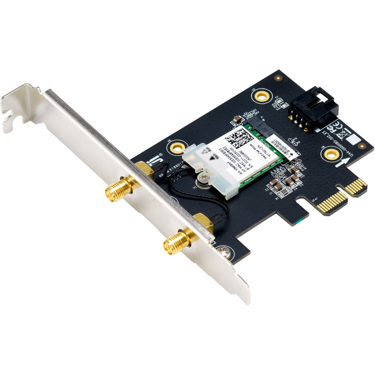 Una placa de circuito negro con conectores dorados y un módulo Wi-Fi verde.