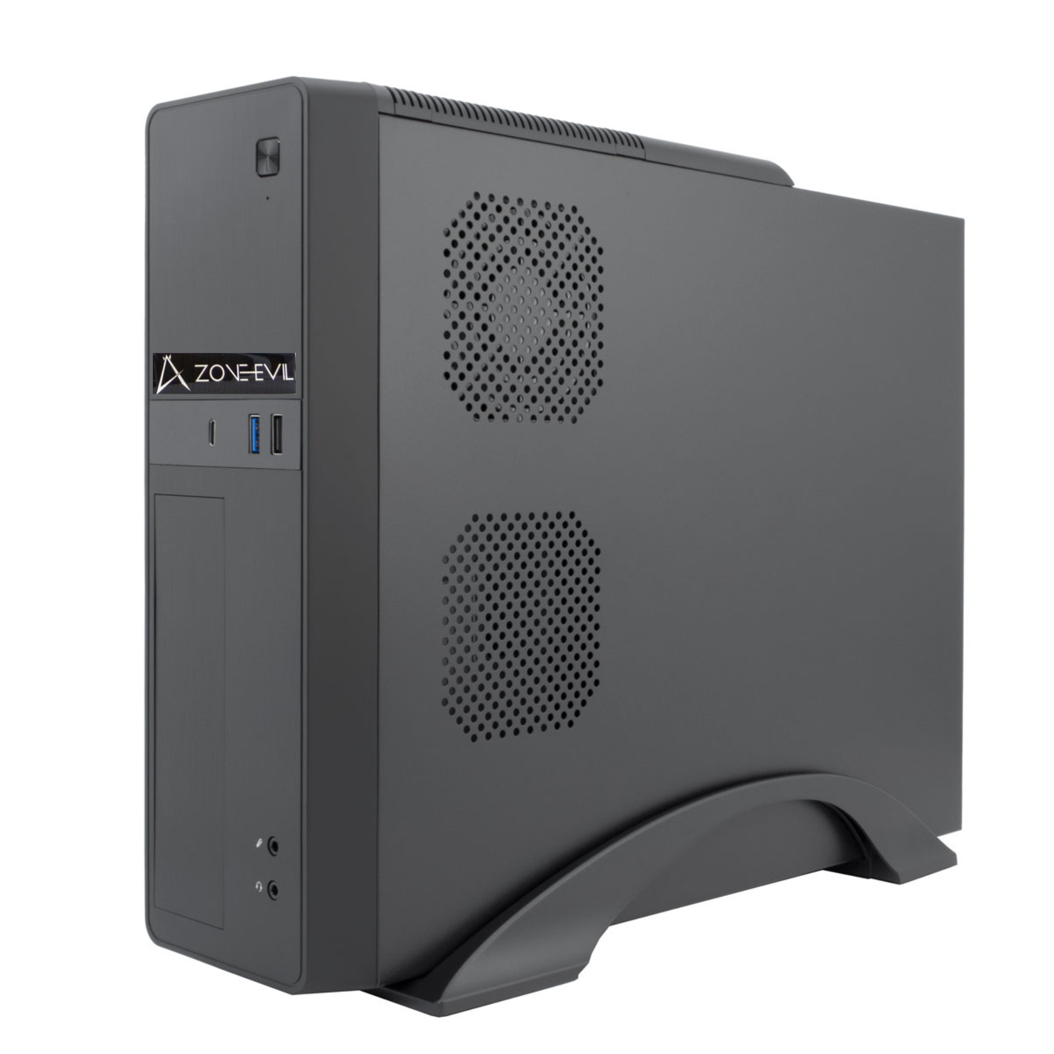 Una caja de ordenador negra con el logotipo de Zone-Evil en la parte delantera y dos orificios para ventiladores.