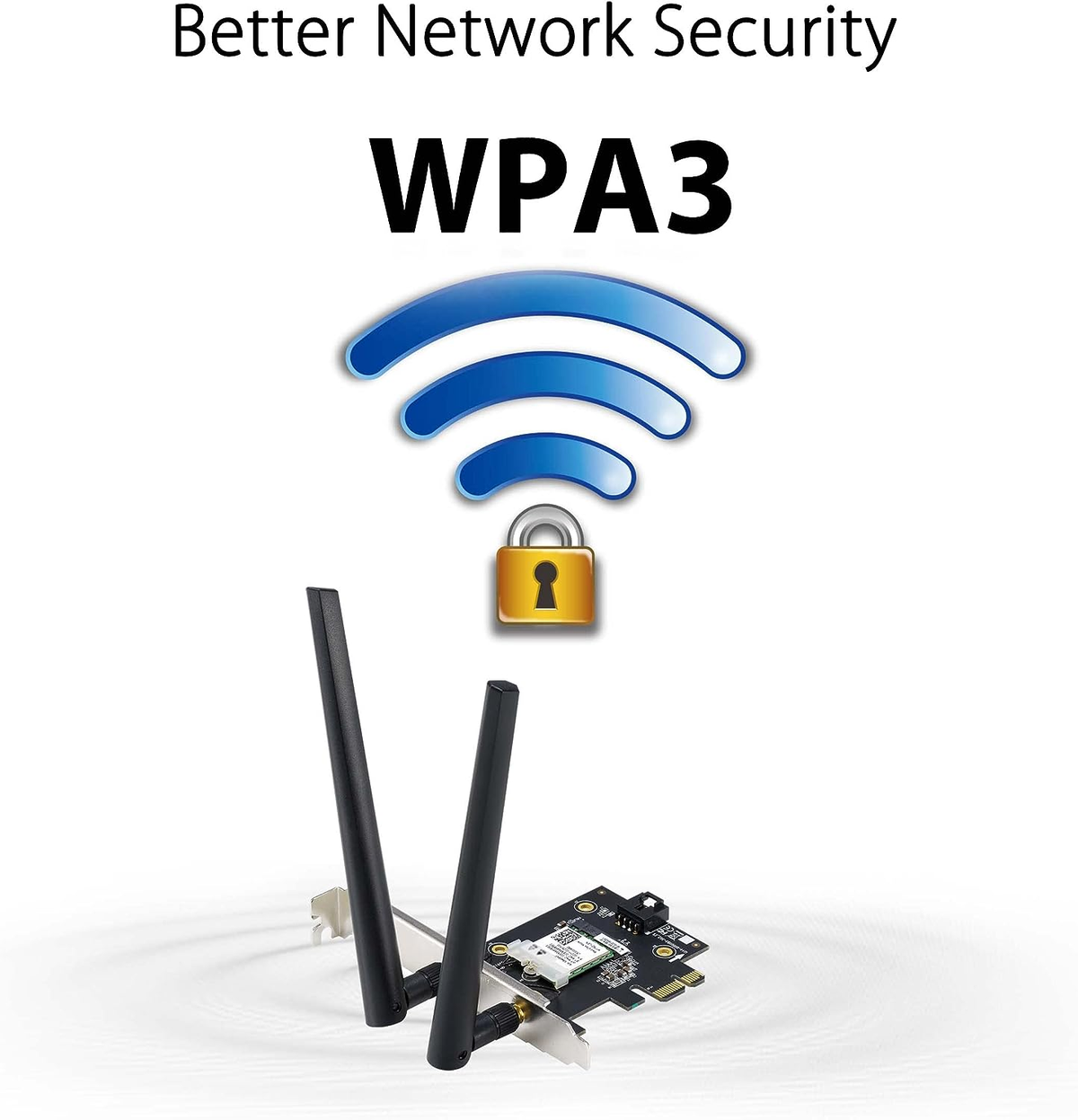 Una tarjeta WiFi con dos antenas, un icono de candado y las palabras 'WPA3' y 'Better Network Security'.