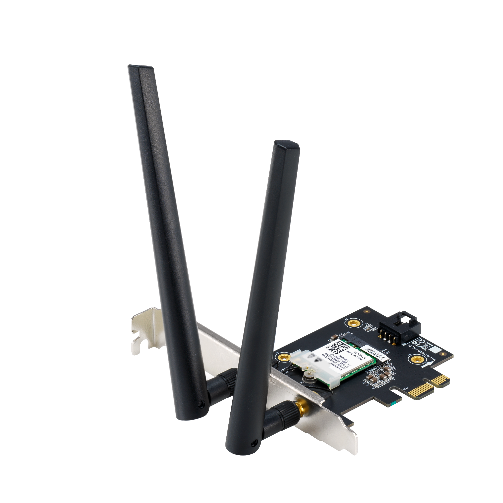 Componente de PC negro y plateado con dos antenas. Está sobre un fondo negro.