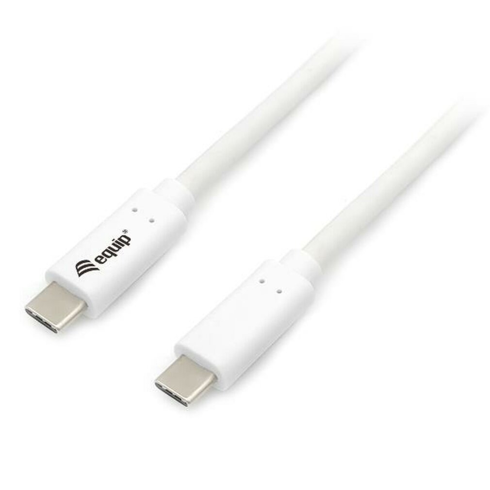 Een witte USB-C-kabel met equip-branding op de connector, op een witte achtergrond.