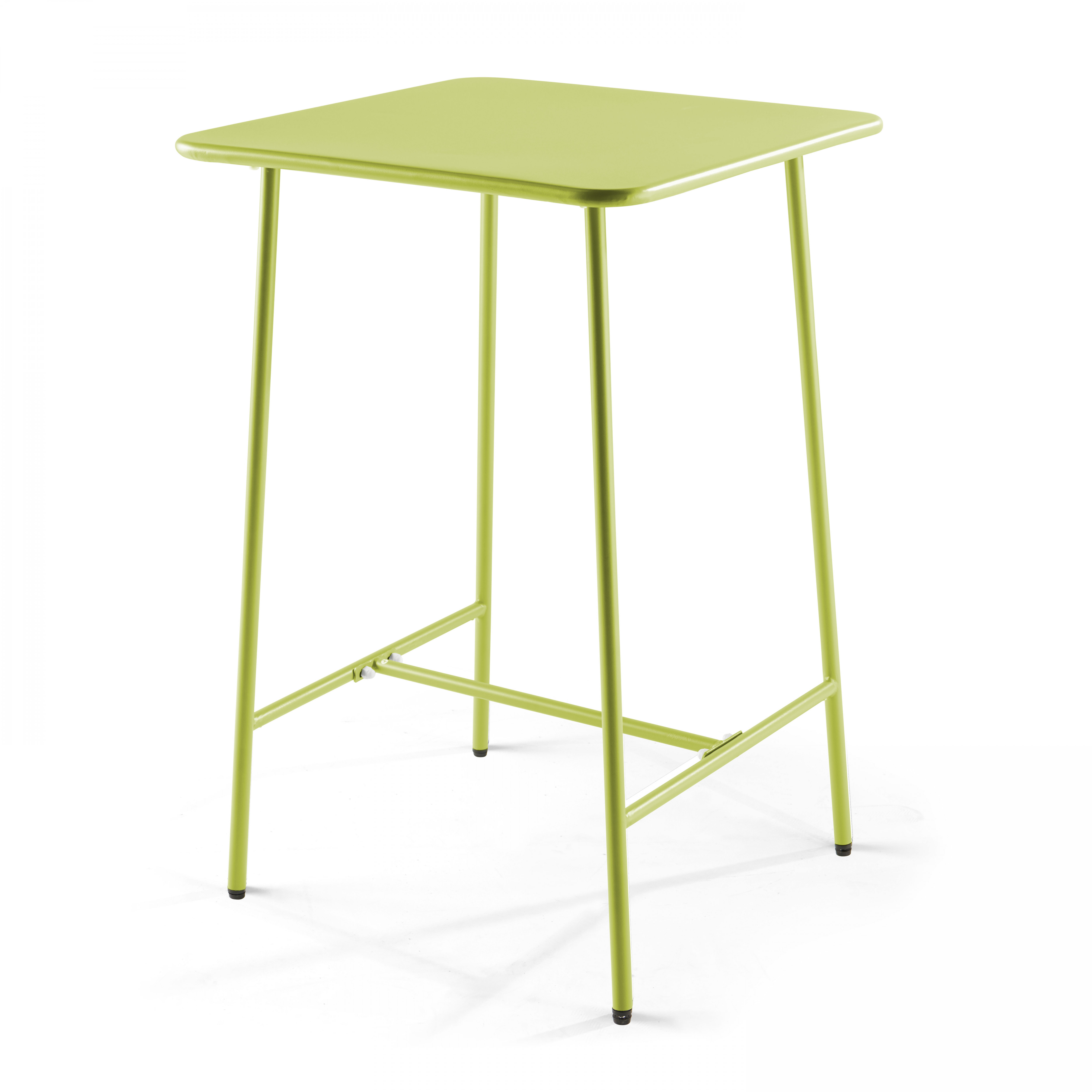 Ein grüner quadratischer Tisch. Der Tisch hat ein schlichtes Design und steht auf weißem Hintergrund.