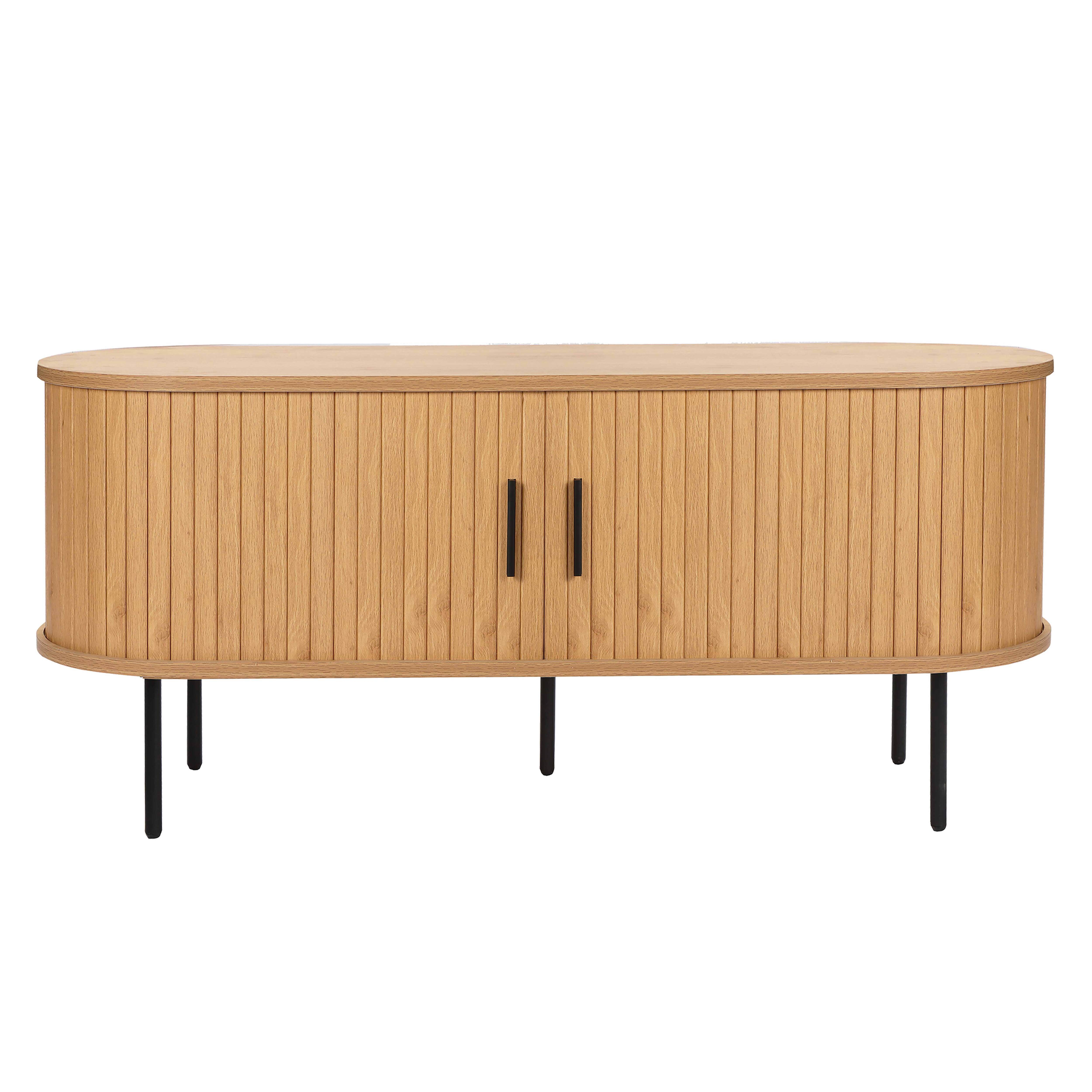 Holzschrank mit schwarzen Beinen. Zwei Türen und eine ovale Oberseite. Weißer Hintergrund.