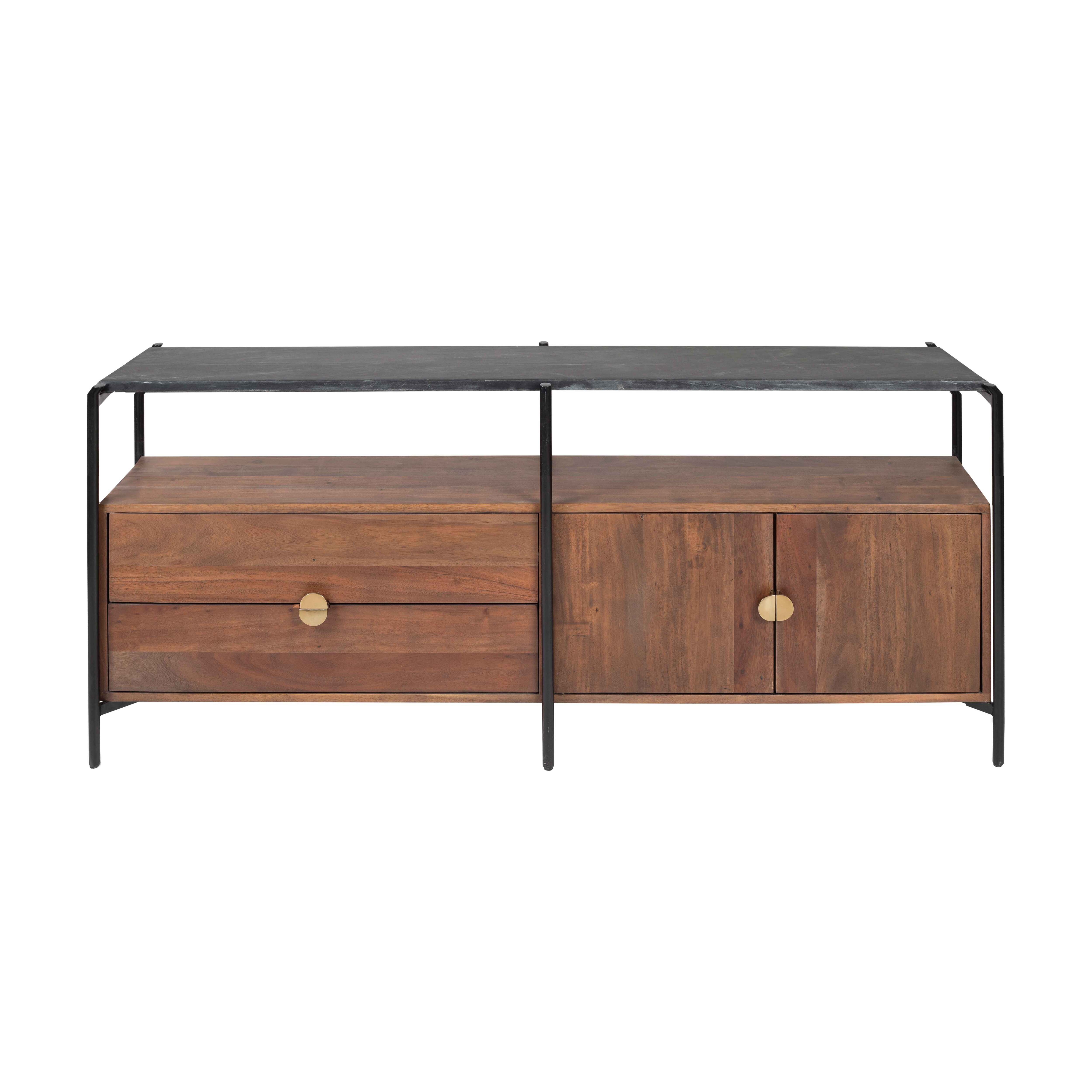 TV-Ständer aus Holz mit Schublade, Schrank und Regal. Schwarzes Metallgestell und -platte.