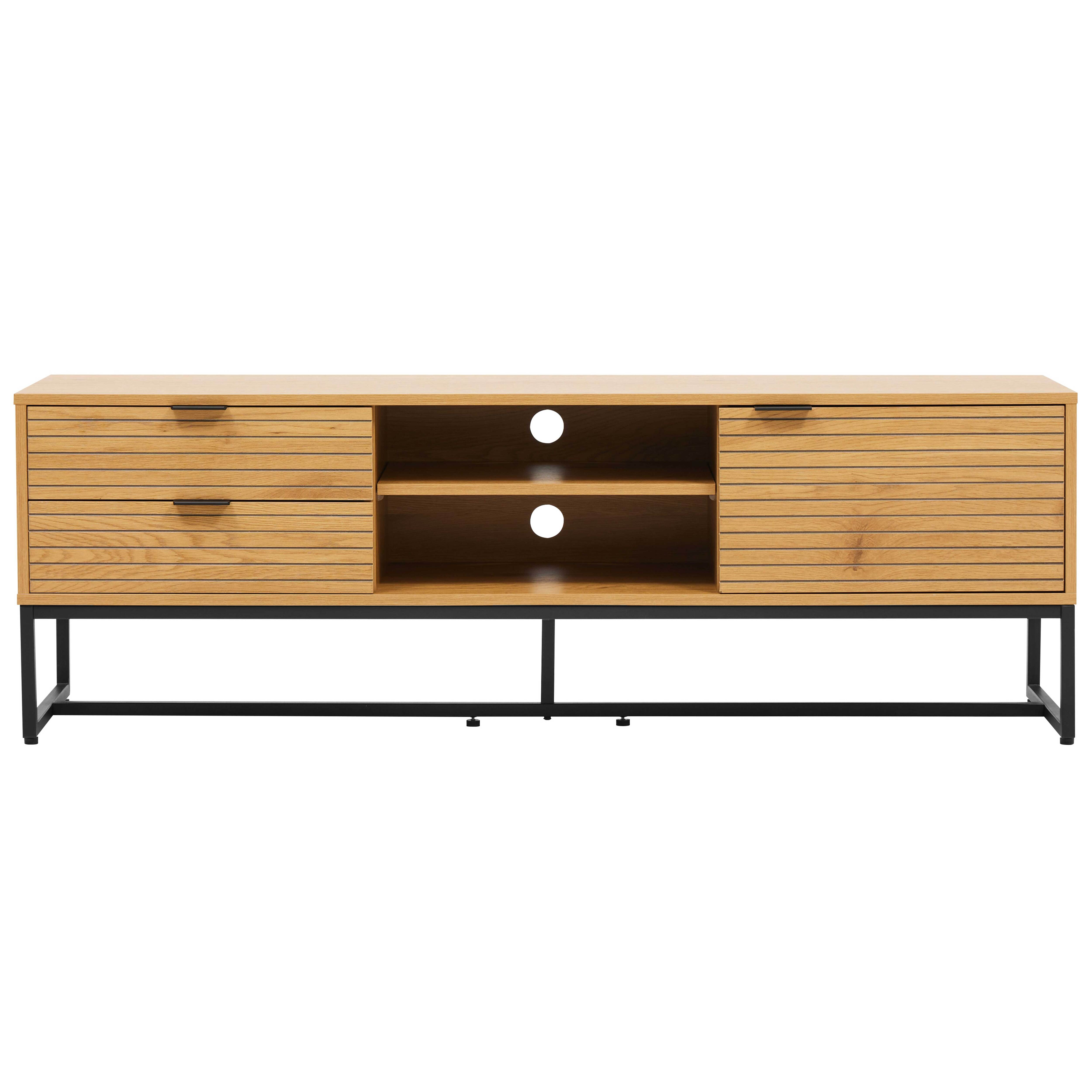 Ein hellbrauner TV-Ständer aus Holz mit schwarzen Beinen und Griffen.