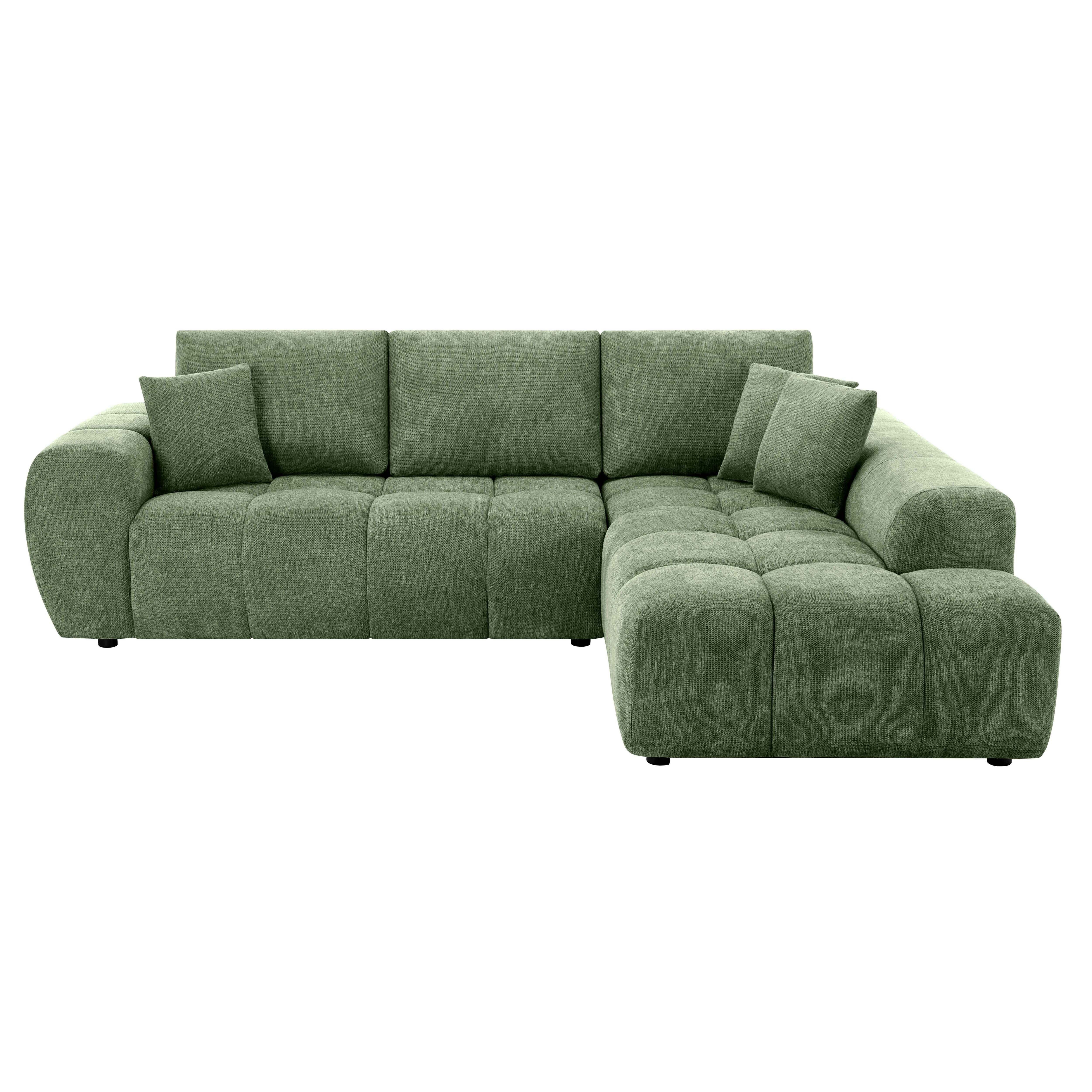 Ein grünes Ecksofa mit zwei Kissen auf weißem Hintergrund.