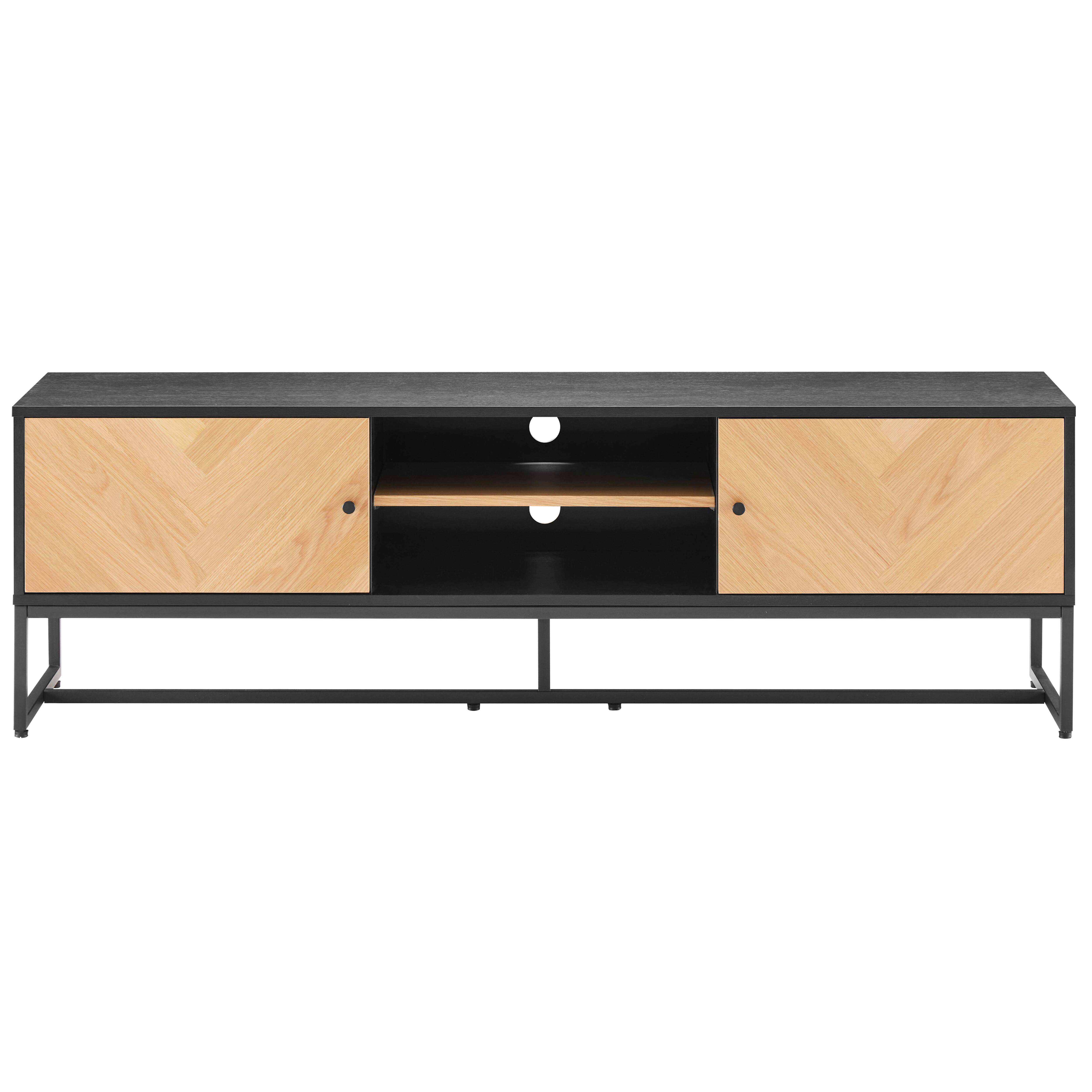 Ein Fernsehschrank aus Holz mit schwarzem Rahmen und Türen mit Fischgrätmuster.