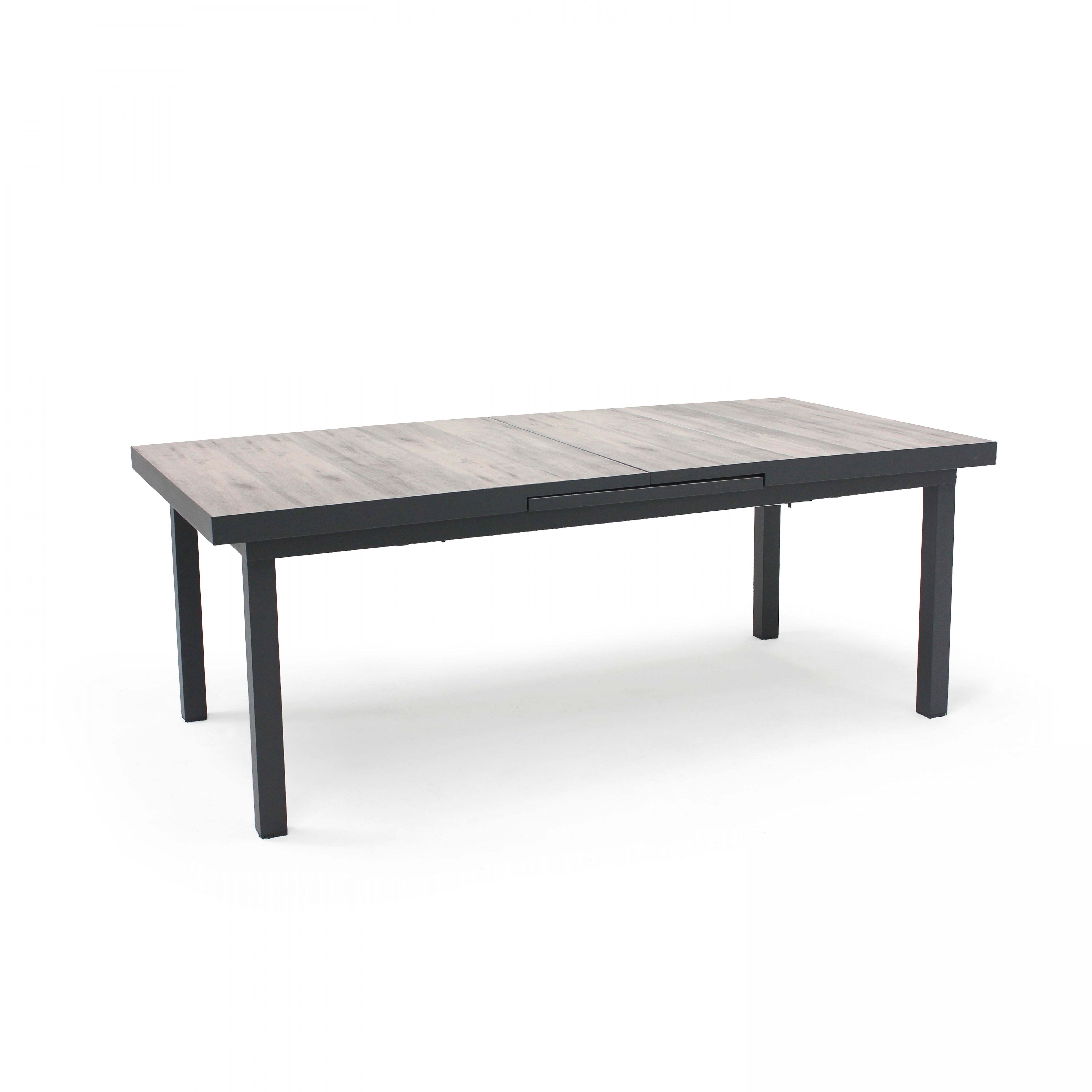 Ein hellgraues Holztischblatt auf einem Tisch mit schwarzem Metallgestell vor weißem Hintergrund.