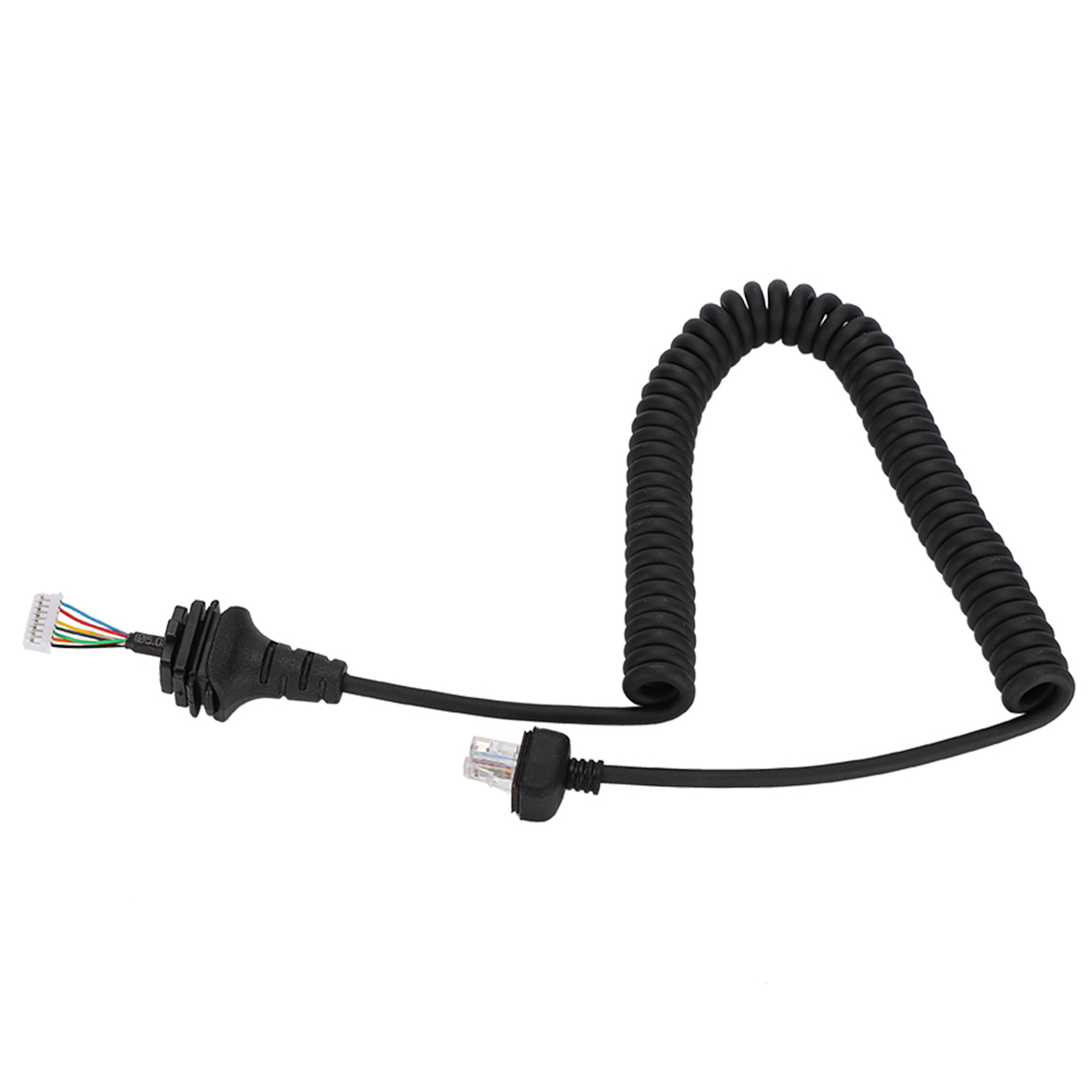Schwarzes Spiralkabel mit Anschlüssen. Das Kabel hat mehrere Drähte in verschiedenen Farben.