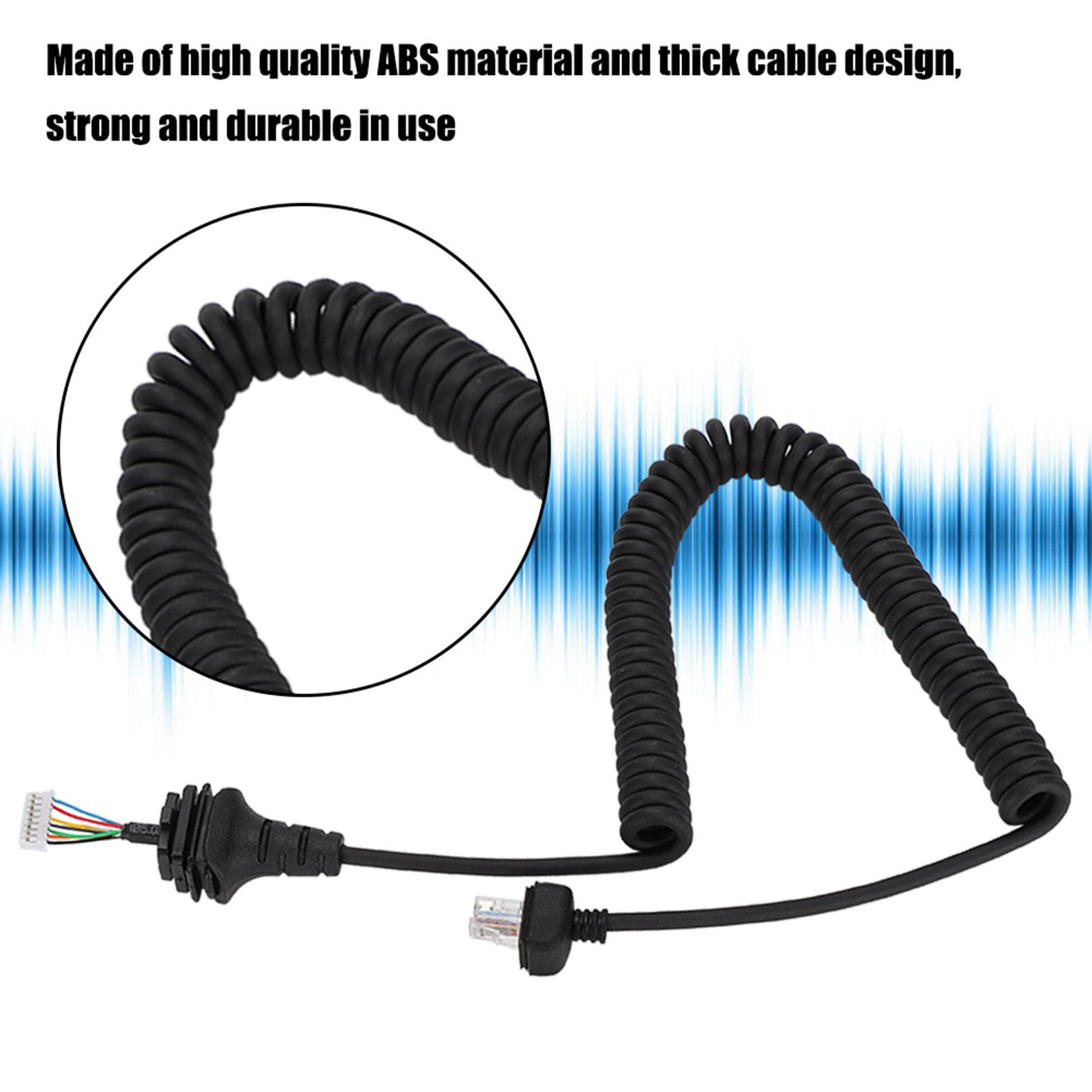 Schwarzes Spiralkabel mit Stecker und Stecker. Text: "Aus hochwertigem ABS-Material...".