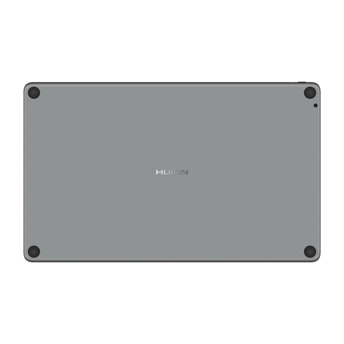 Rückseite eines grauen Tablets mit Markennamen auf weißem Hintergrund.