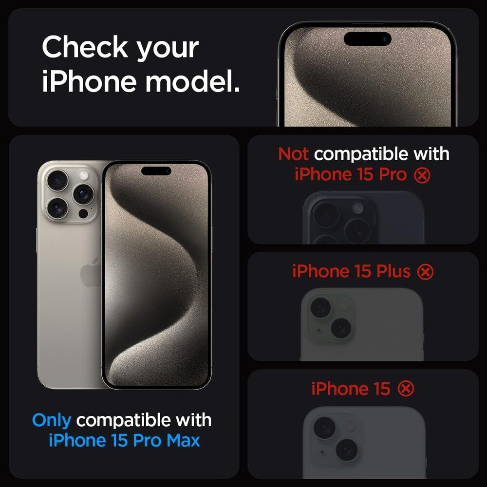 Obraz pokazuje kompatybilność modeli iPhone. Tekst i obrazy podkreślają iPhone 15 Pro Max.