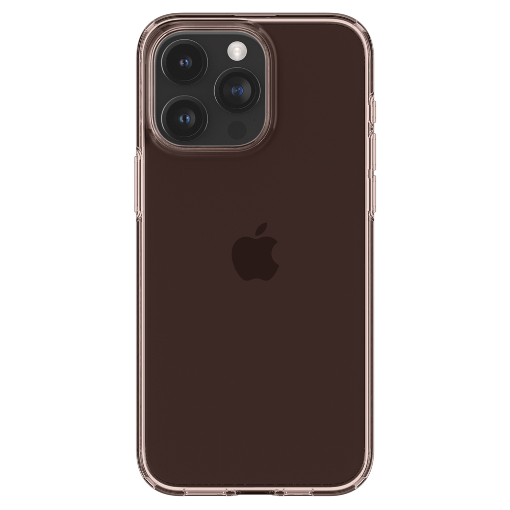 Brązowy iPhone w przezroczystym etui z trzema aparatami i logo Apple z tyłu. Etui ma różowe krawędzie.