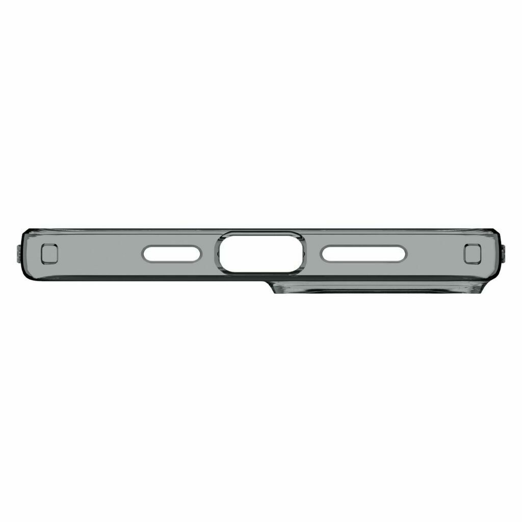 Etui na telefon, widoczne z boku, z wycięciami na przyciski i porty. Jest przezroczyste.