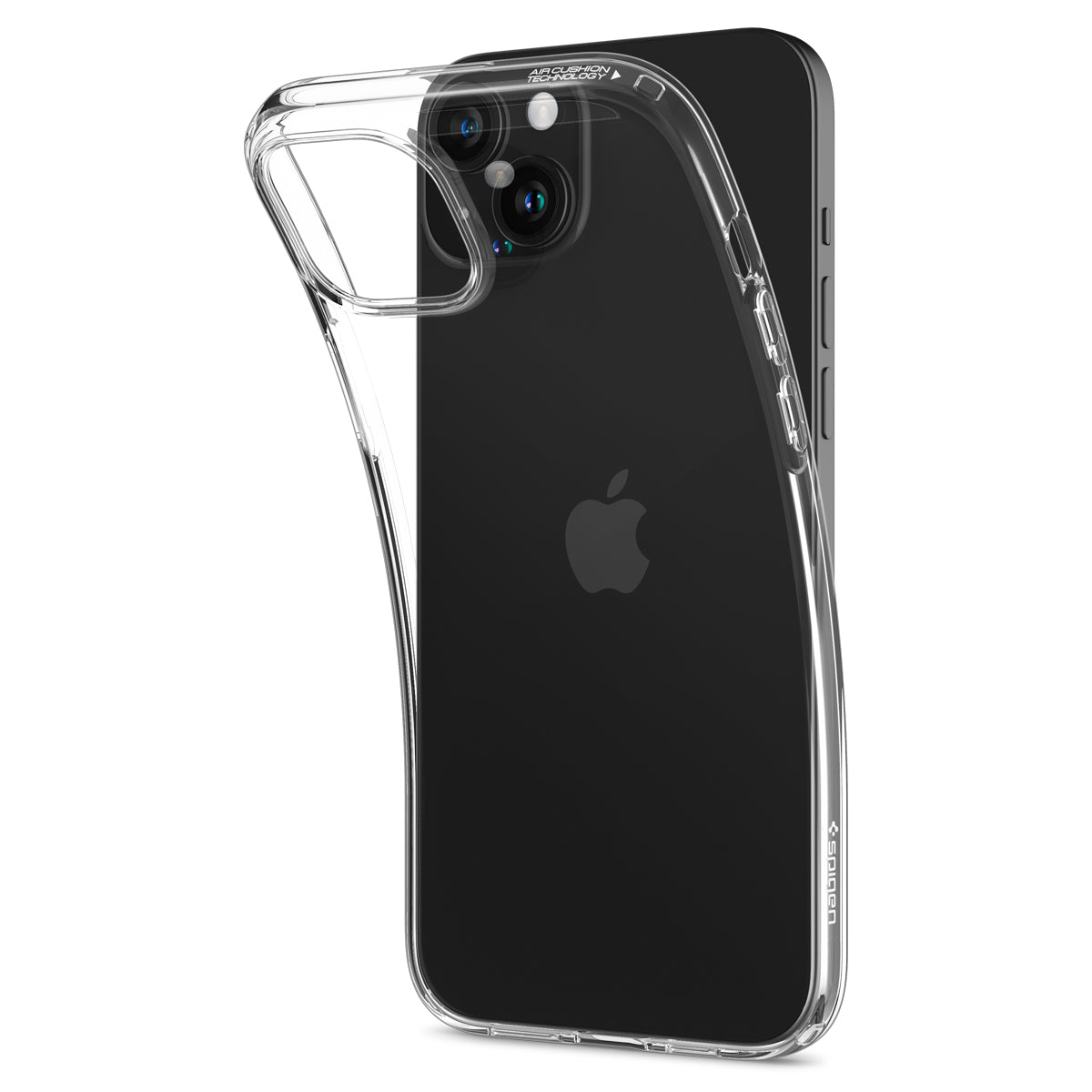 Przezroczyste etui na czarnym iPhone, pokazujące logo Apple.