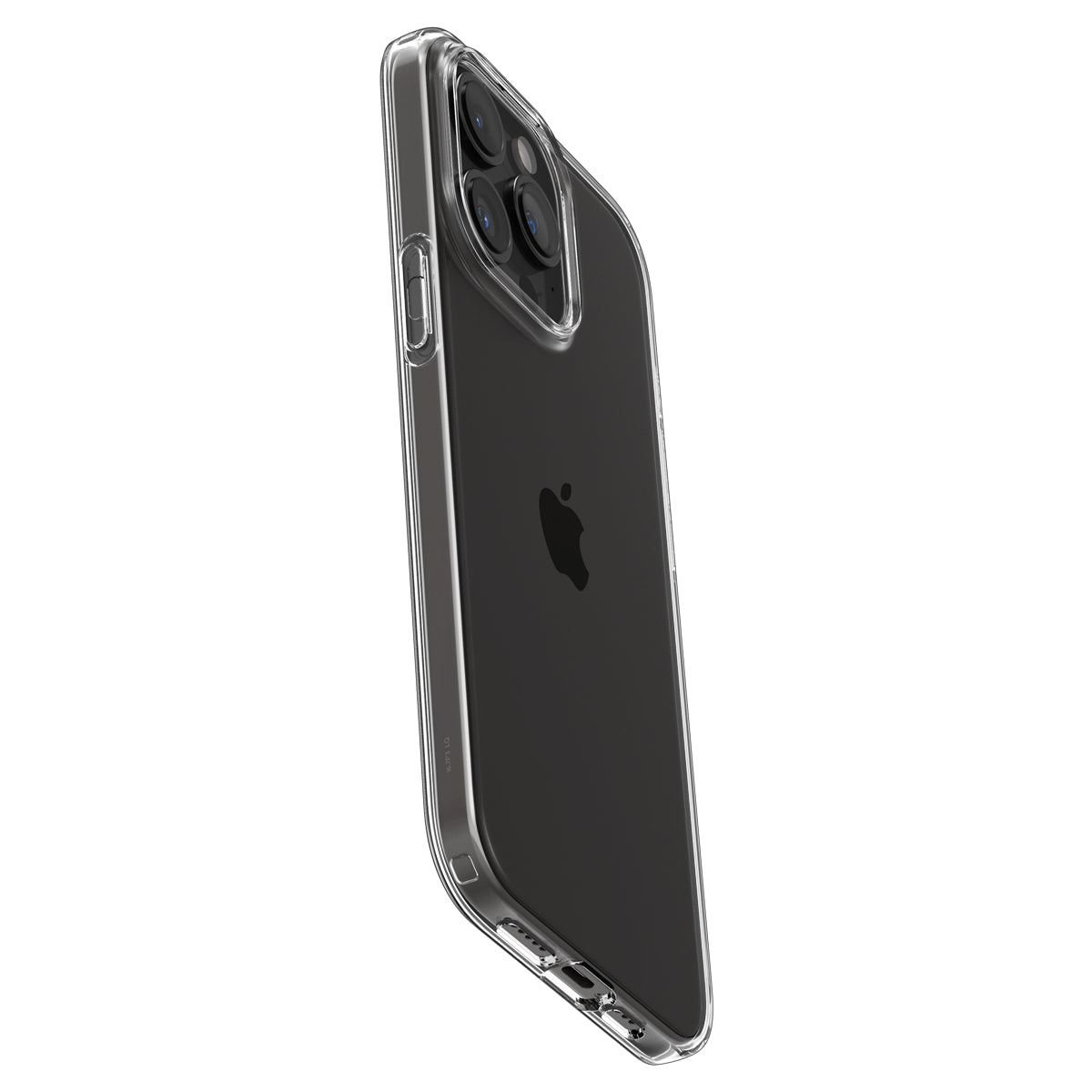 Przezroczysty iPhone w przezroczystym etui, ustawiony pod kątem, aby pokazać tył i obiektywy aparatu na białym tle.