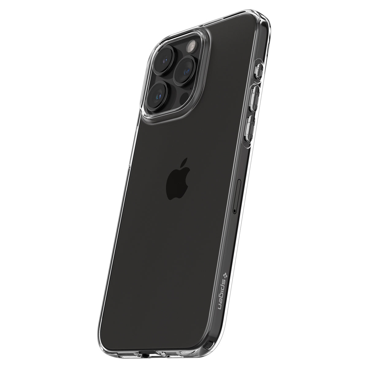 Czarny telefon w przezroczystym etui, z widocznym logo Apple. Etui jest przezroczyste.