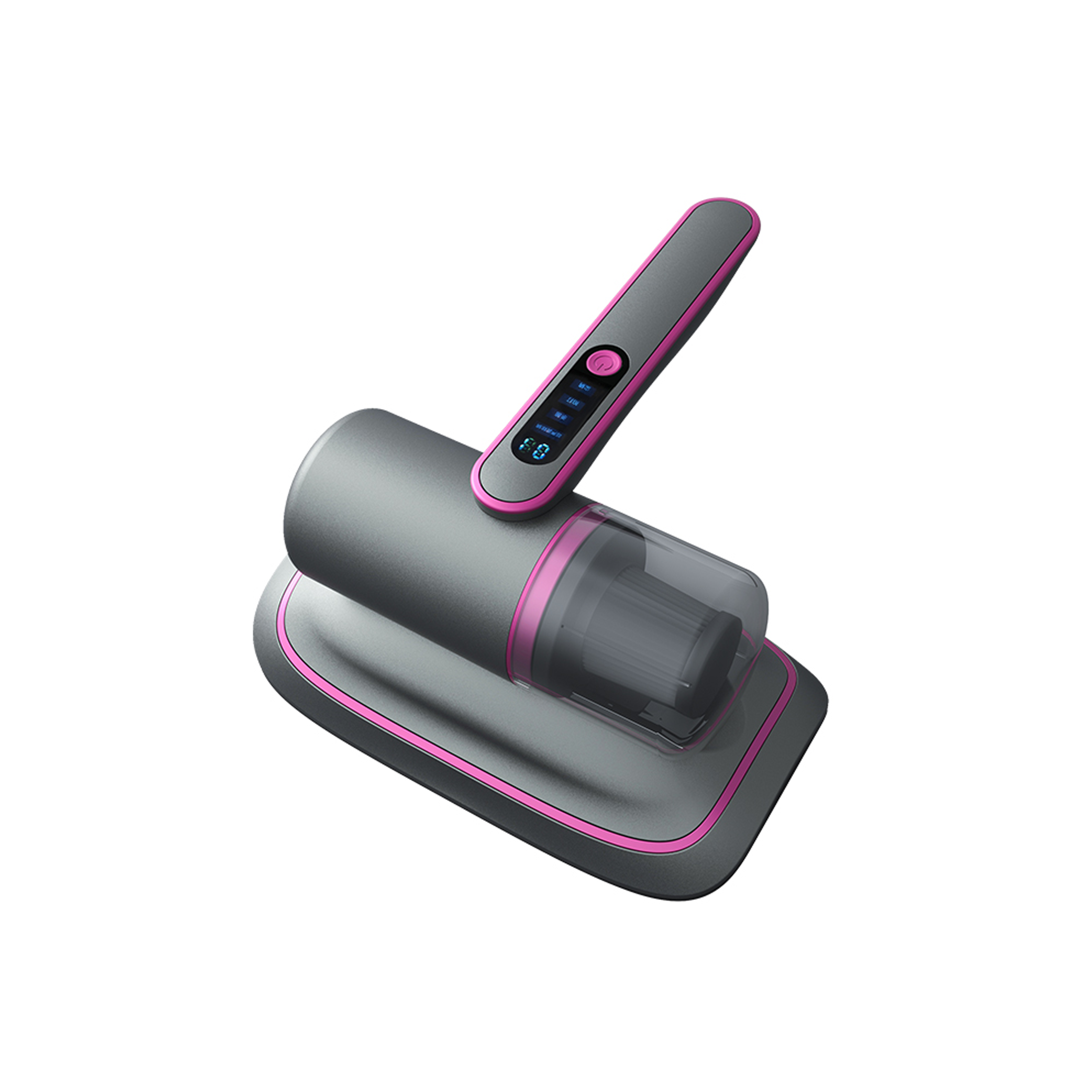 Ein Handstaubsauger in Grau und Rosa, der auf einer Ladestation ruht.