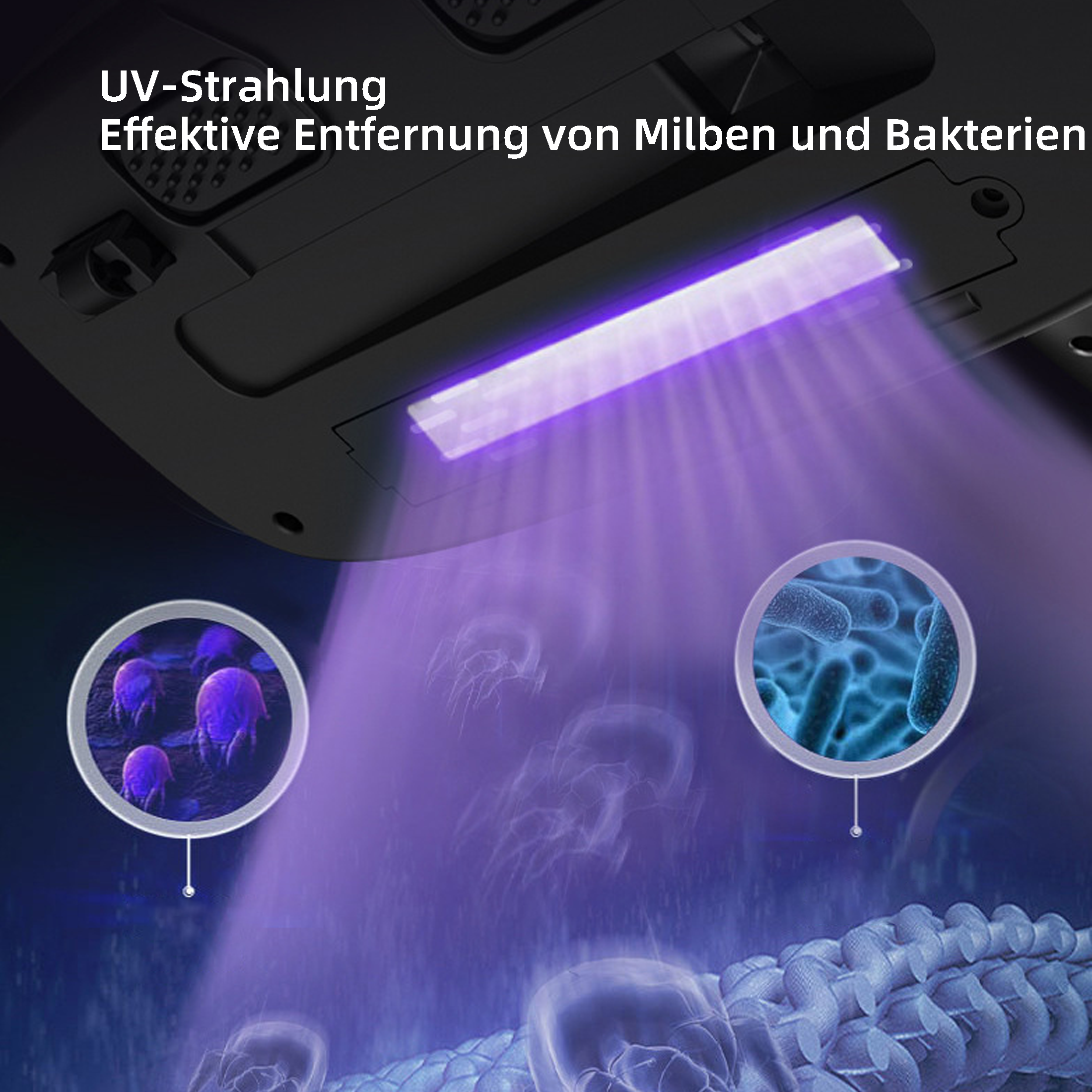 Ein Bild, das ein Gerät zeigt, das UV-Licht emittiert, und vergrößerte Mikroorganismen-Illustrationen.