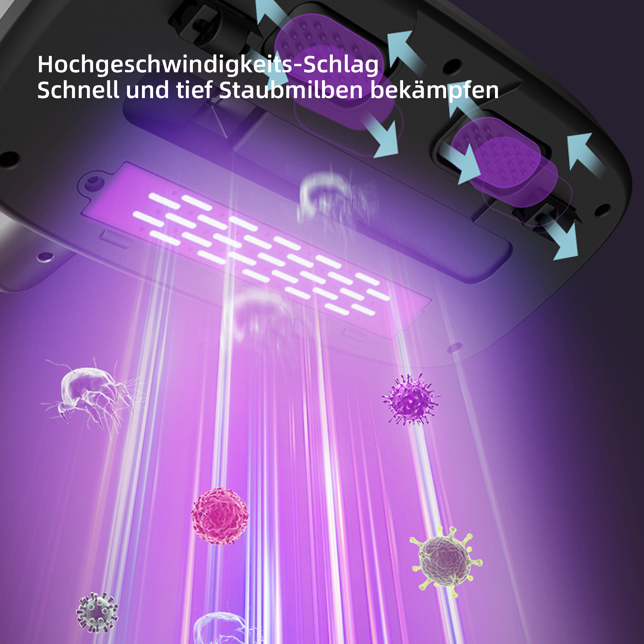 Ein Gerät, das violettes Licht aussendet, mit deutschem Text über Staubmilben und Keime. Es gibt illustrierte Keime.