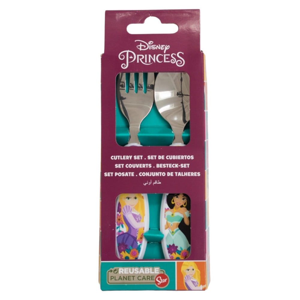 Ein Disney Princess Besteckset in einer bunten Box. Es zeigt Gabeln, Löffel und Prinzessinnenbilder.