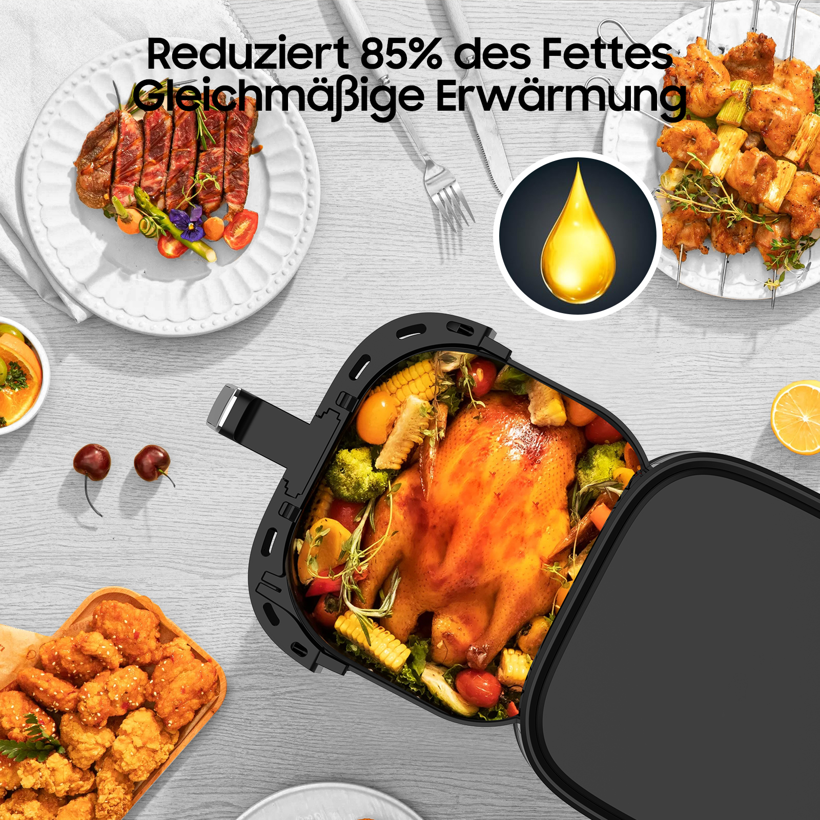 Heißluftfritteuse mit Essen, umgeben von gekochtem Essen. Draufsicht, Text-Overlay.