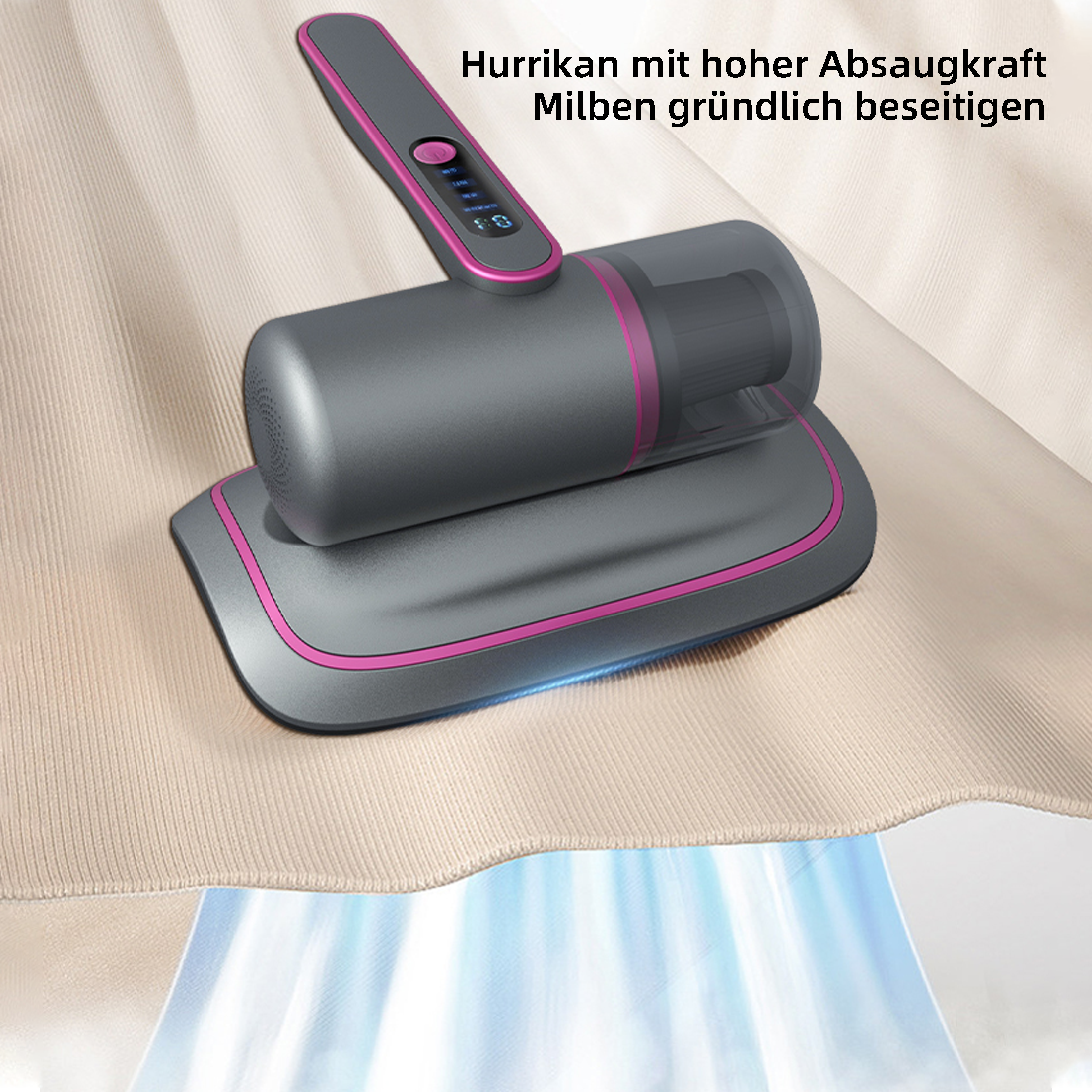 Staubsauger auf Stoff. Grau- und Rosatöne. Text-Overlay auf Deutsch.