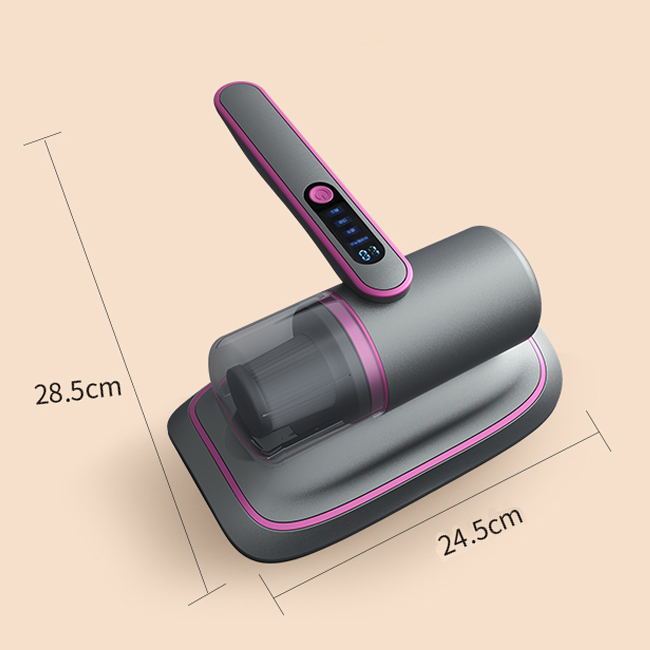 Ein graues und rosa Reinigungsgerät, die Abmessungen sind mit 28,5 cm x 24,5 cm angegeben.