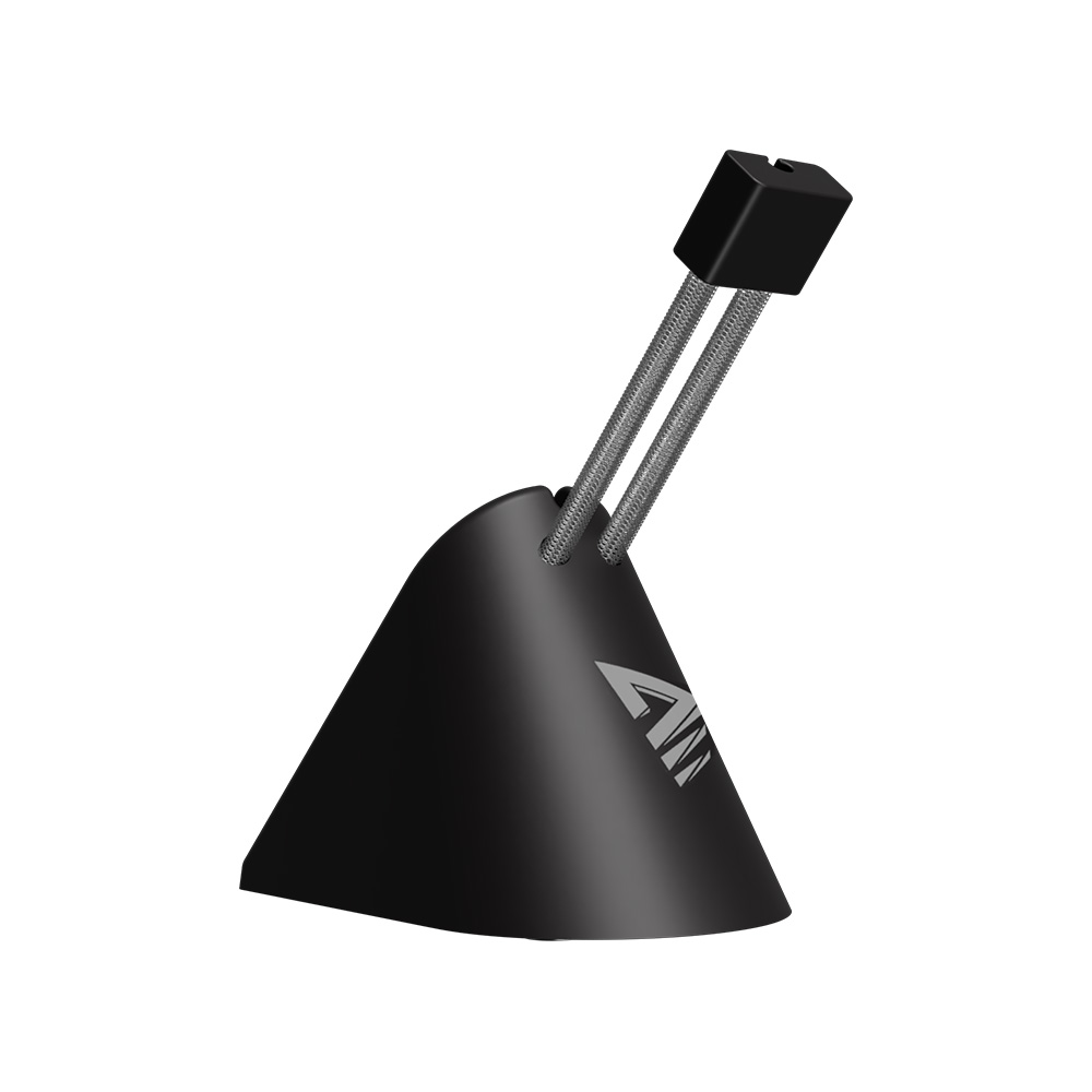 Czarny bungee do myszy z pochyloną podstawą i dwiema srebrnymi sprężynami trzymającymi podpórkę kabla.