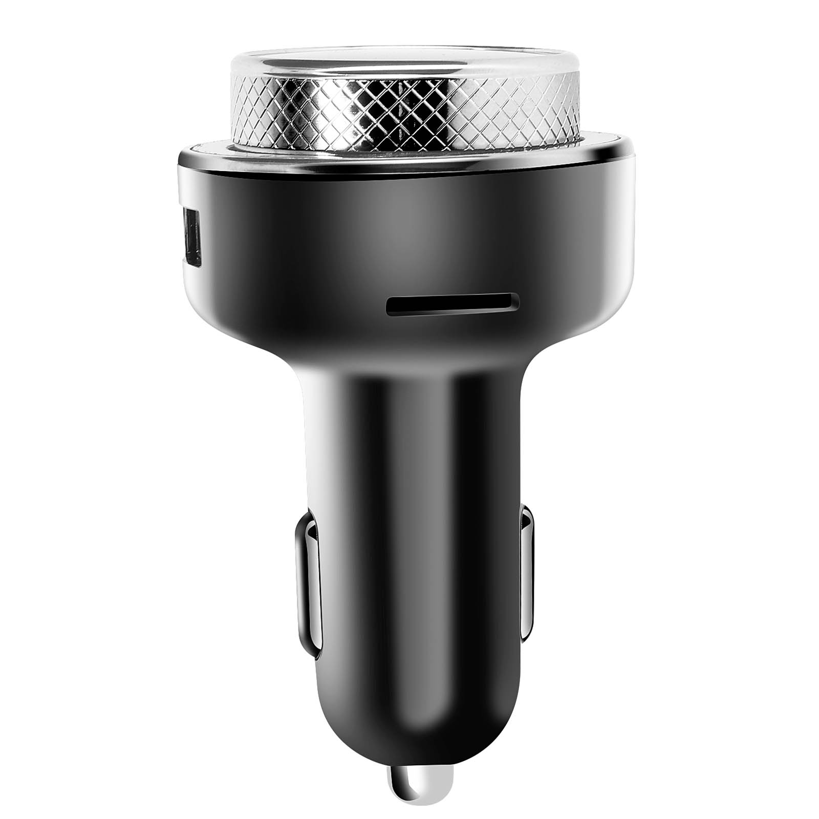 Czarna ładowarka samochodowa ze srebrną górą.