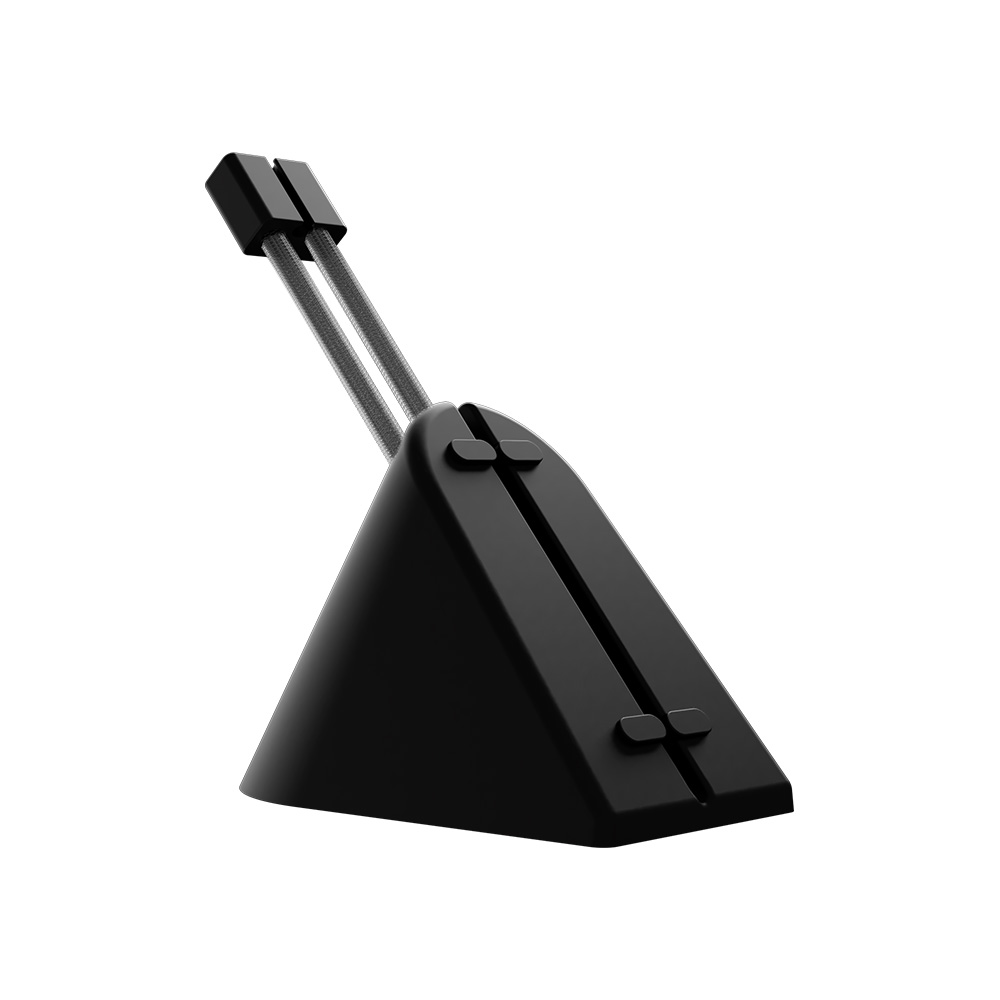Czarny uchwyt na kabel myszy na białym tle. Ma dwa ramiona.