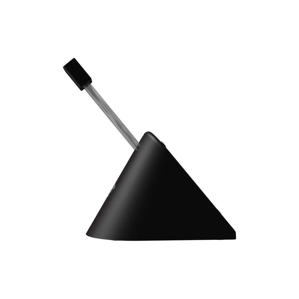 Czarny bungee do myszy na białym tle. Ma srebrny przewód i jest skierowany w górę.