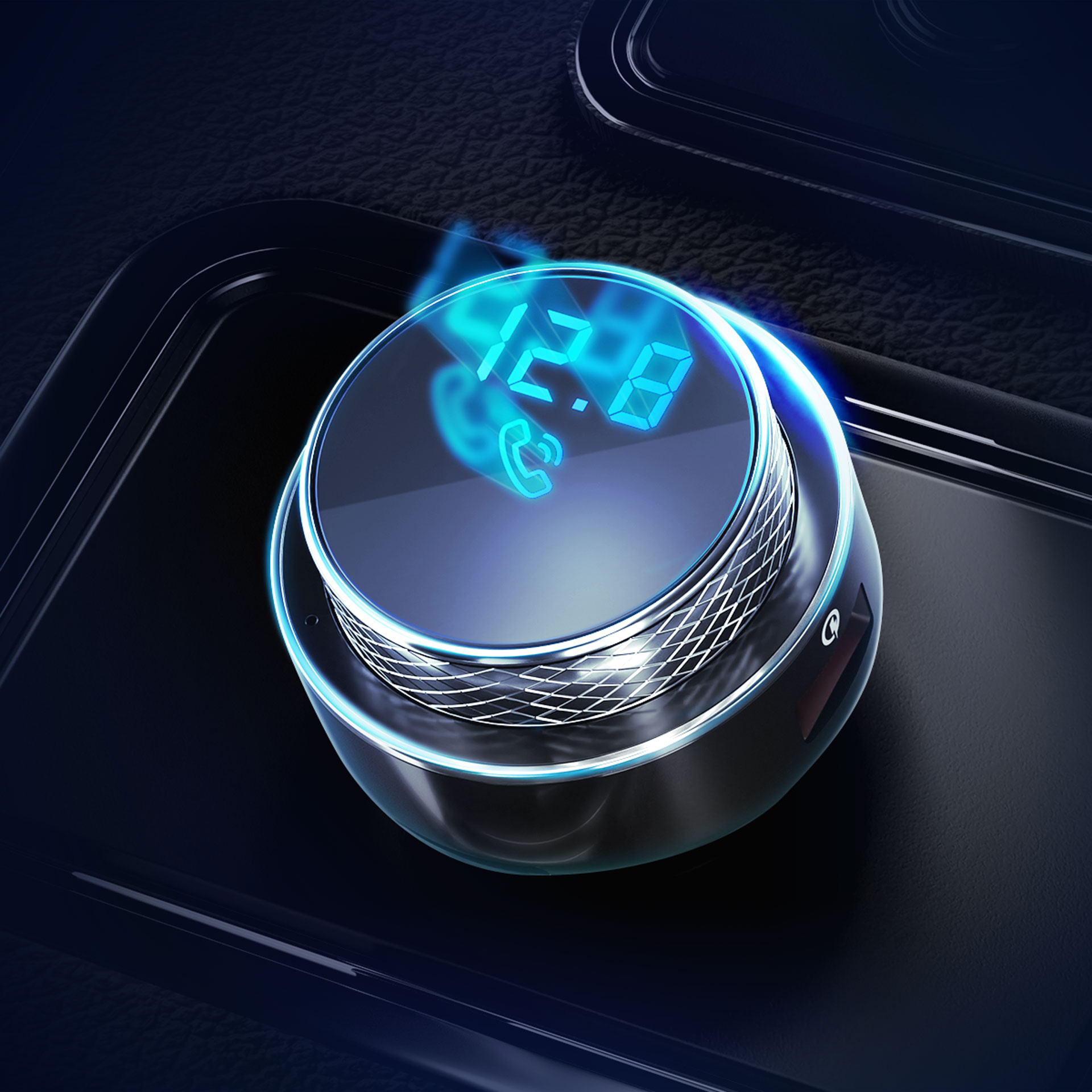 Akcesorium samochodowe z wyświetlaczem cyfrowym. Pokazuje 12,8 i ikonę telefonu. Na ciemnej powierzchni.