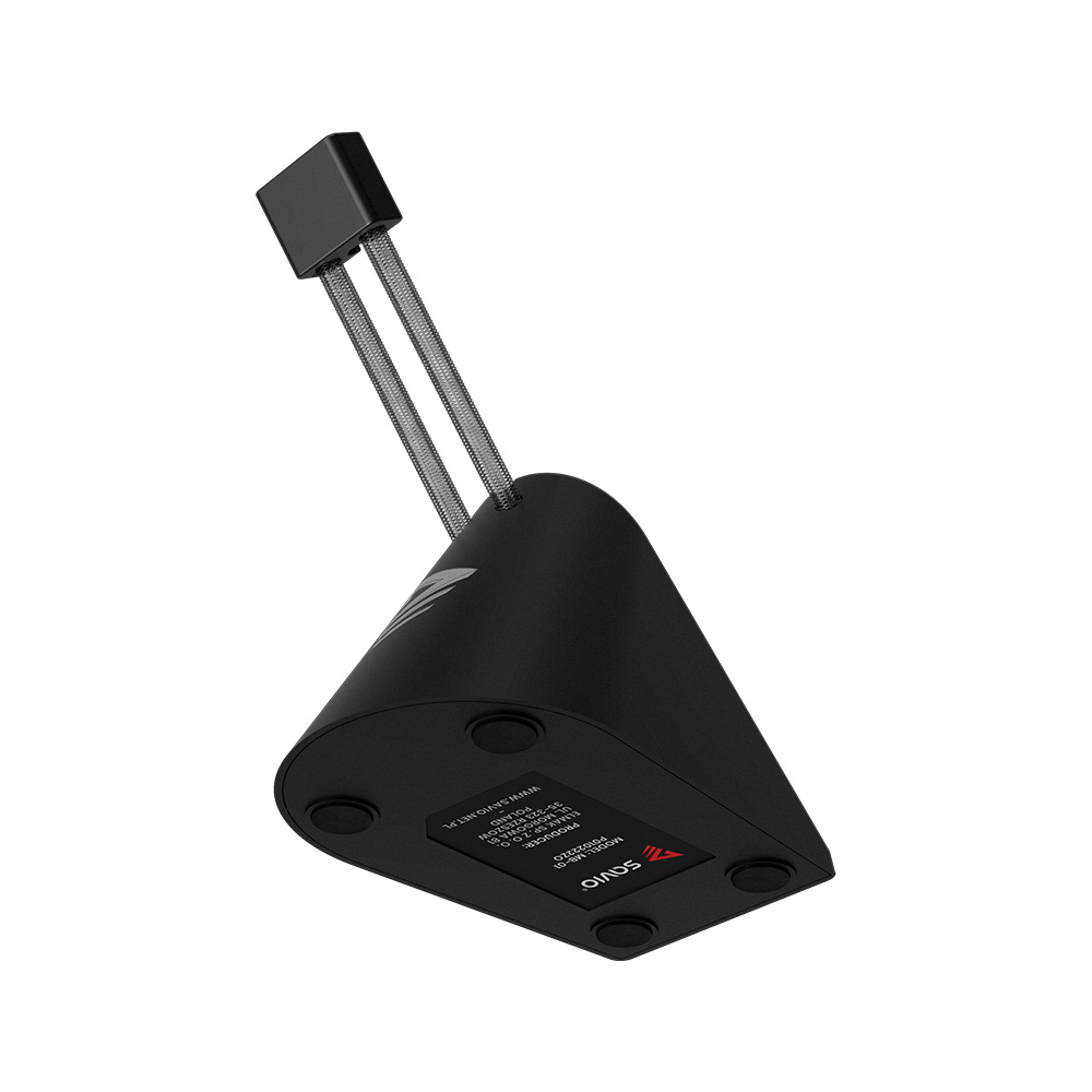 Czarny bungee do myszy z metalową sprężyną i czarną podstawą na białym tle.