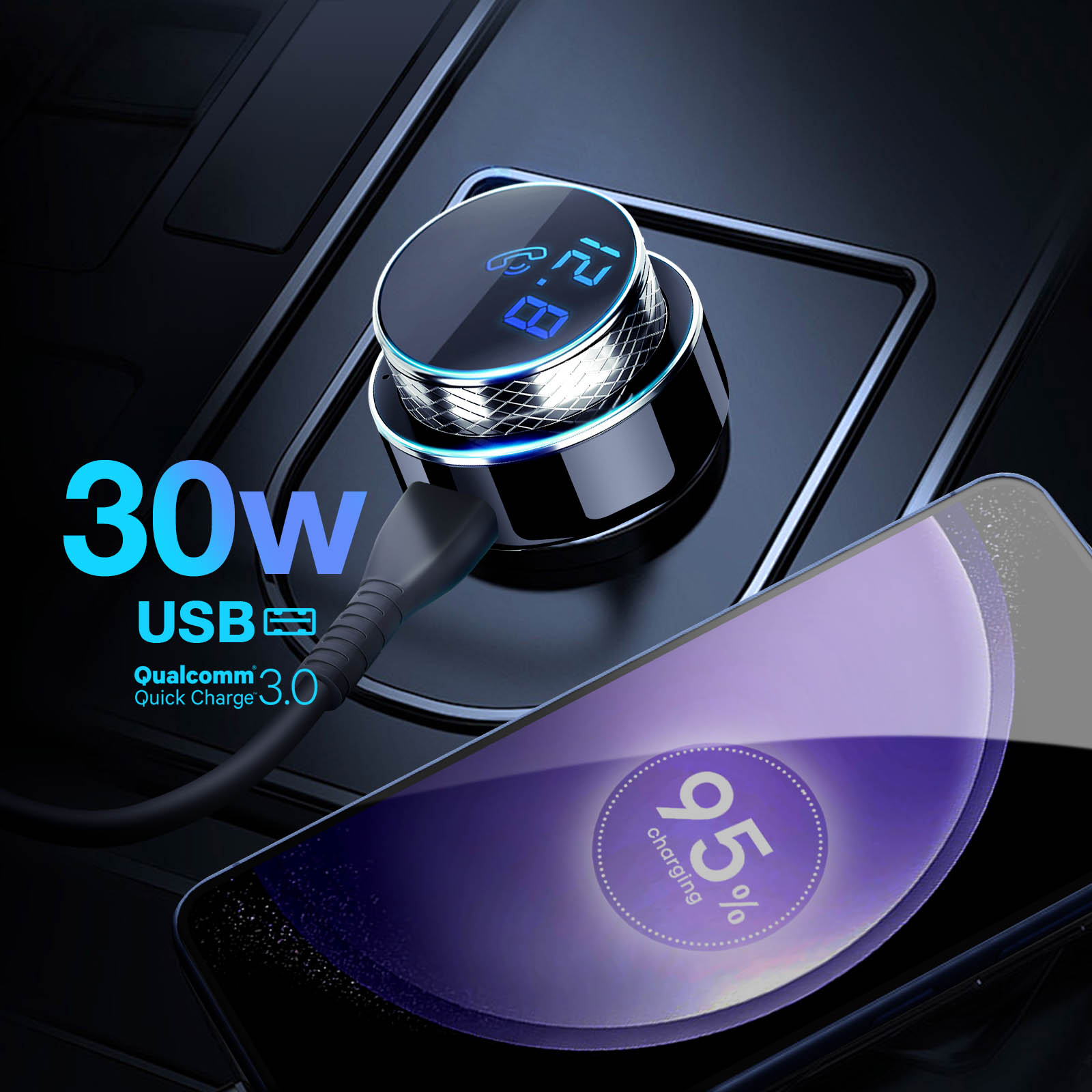 Telefon ładujący się na czarnej powierzchni. Ładowarka jest srebrno-czarna i ma ekran.