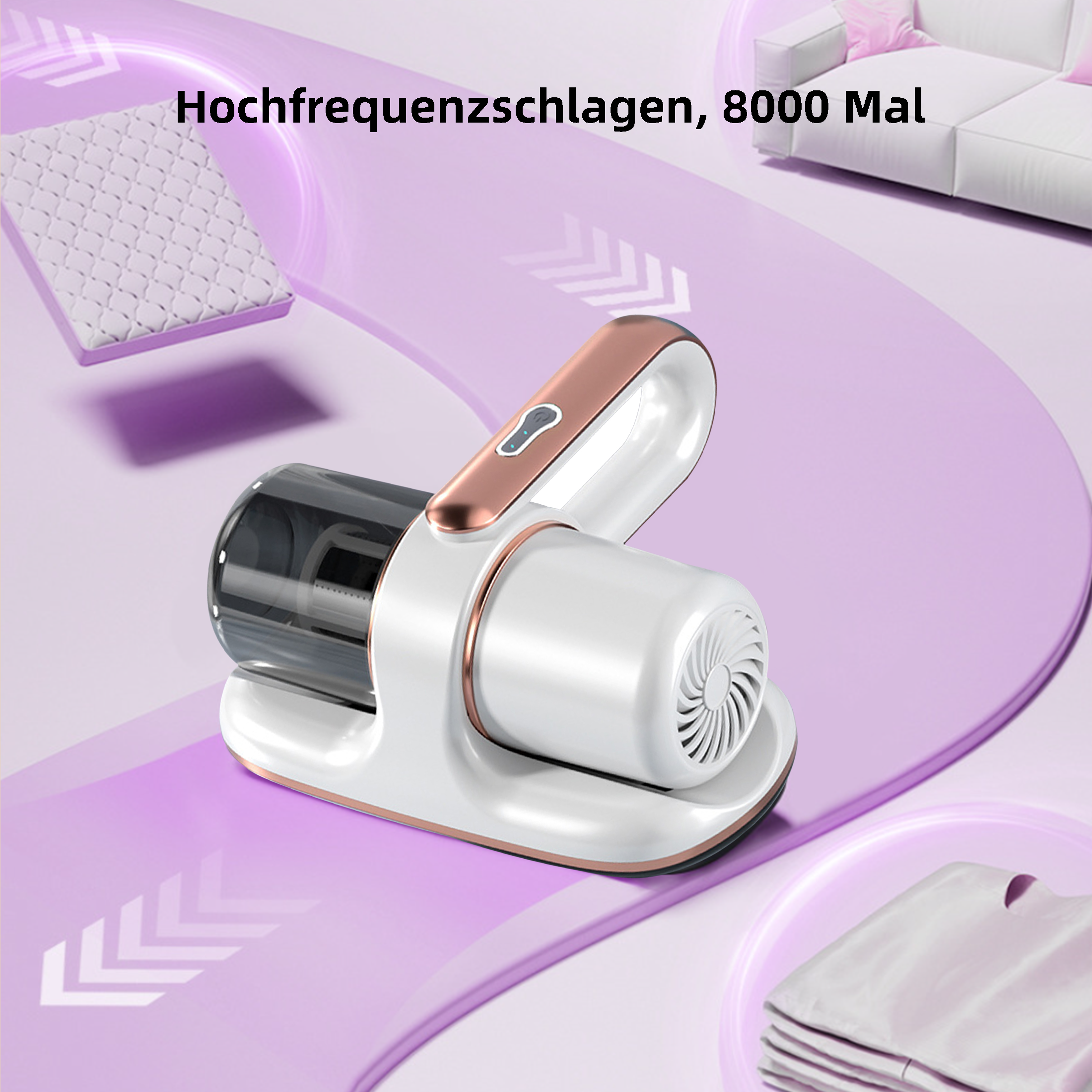 Ein Staubsauger mit deutschem Text. Die Maschine ist weiß und gold, auf einer hellvioletten Oberfläche.