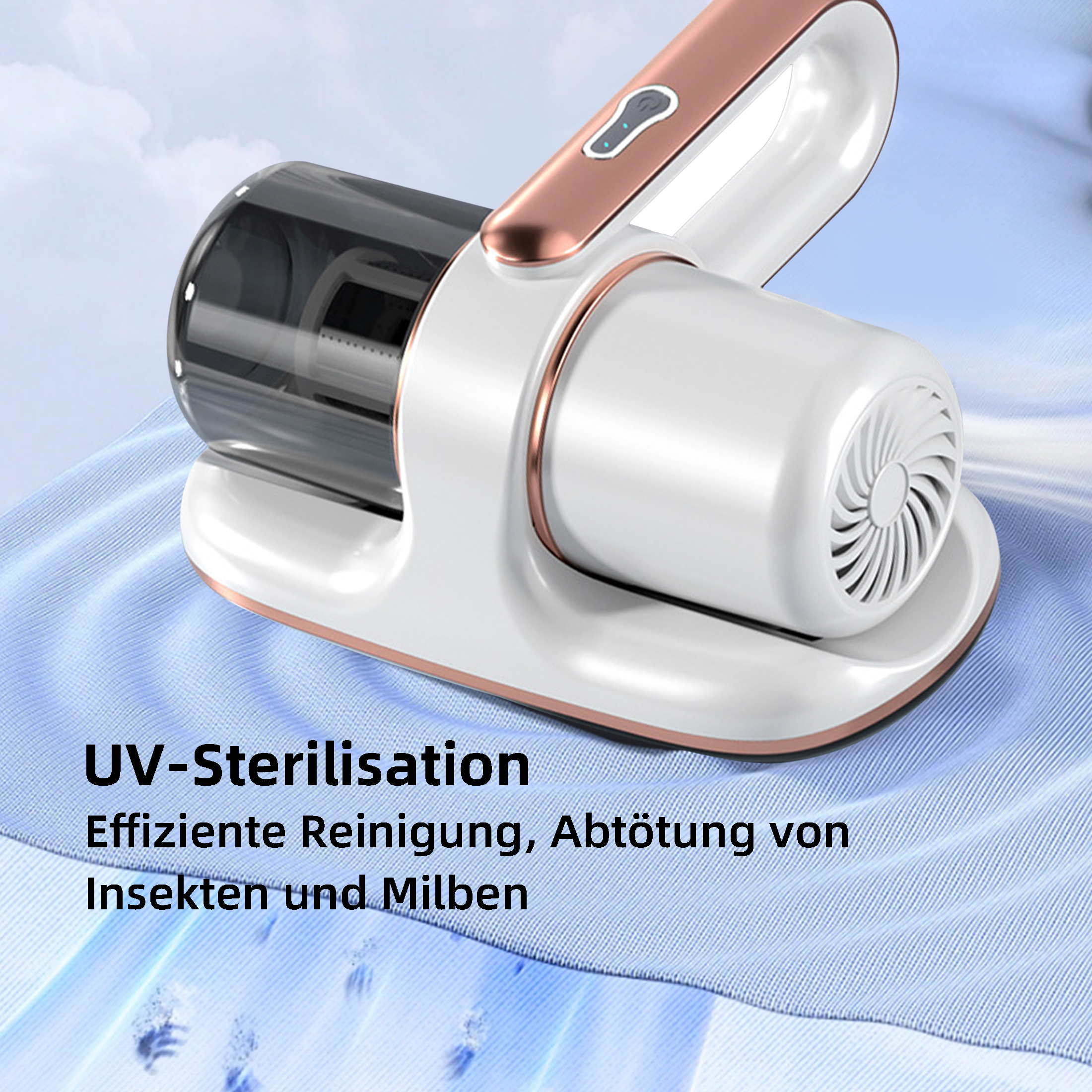 UV-Sterilisationstool mit weißem Gehäuse und Goldbesatz. Blauer Stoff im Hintergrund.