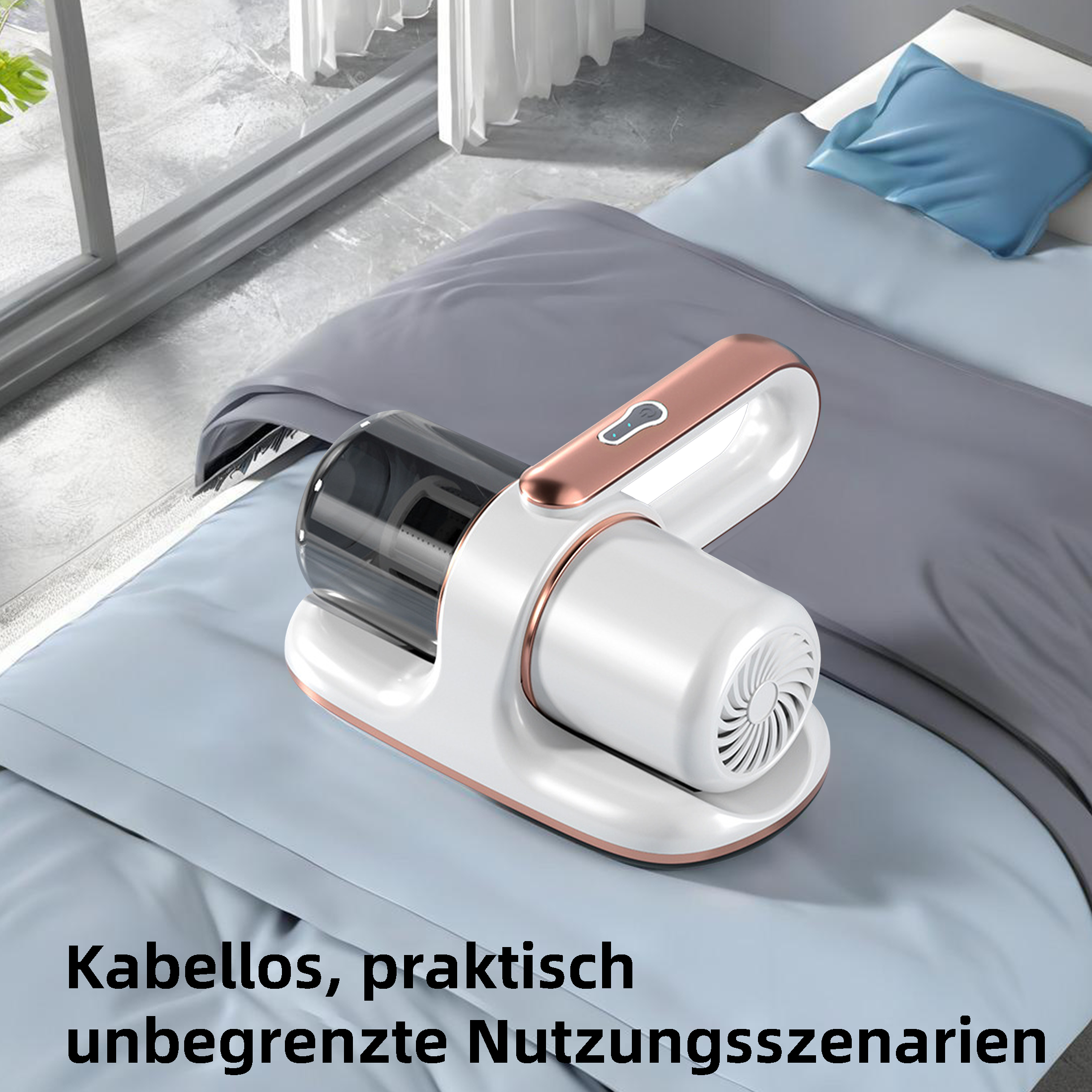 Ein weißer und roségoldener Staubsauger auf einem Bett mit blauen und grauen Laken.
