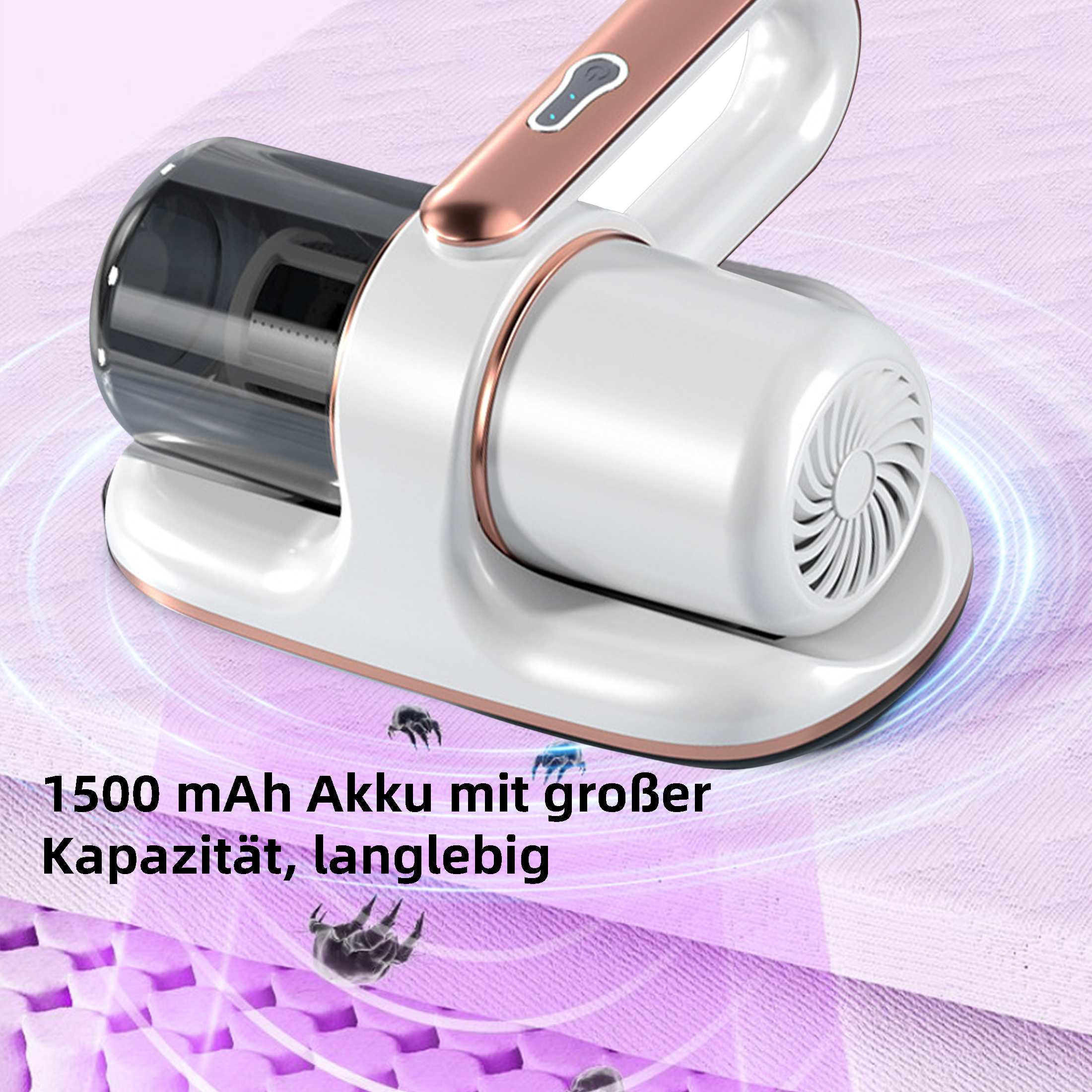 Nahaufnahme eines Staubsaugers. Er ist weiß und gold und reinigt.