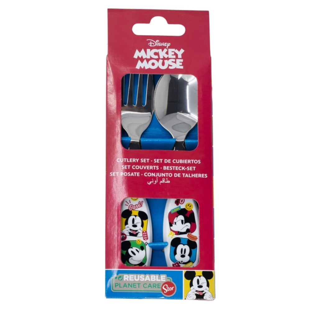 Eine Packung Disney Mickey Mouse Besteck. Enthält ein Gabel- und Löffelset.